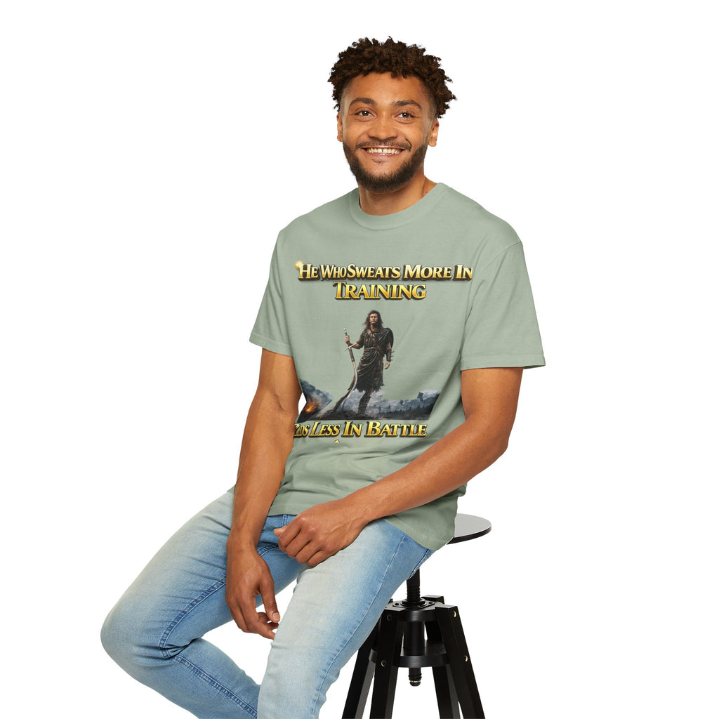 Training Warrior T-Shirt — "He Who Sweats More in Training Bleeds Less in Battle" Printify
