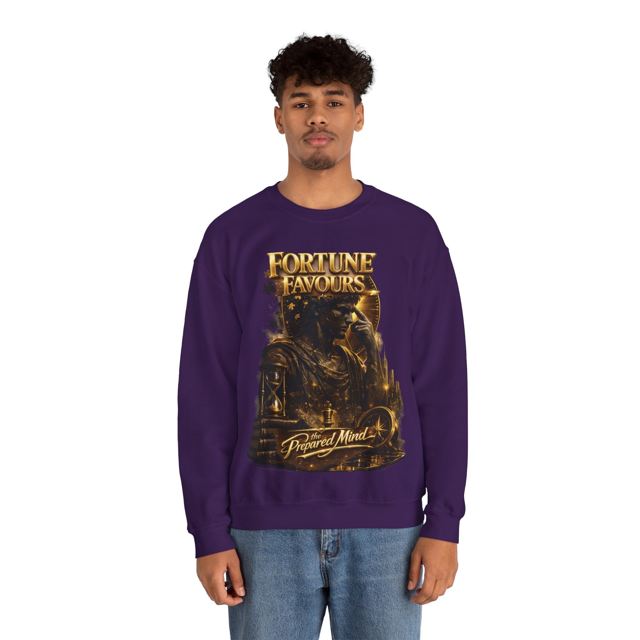 Crewneck Sweatshirt — "Fortune Favors the Prepared Mind" Motivational Design Printify