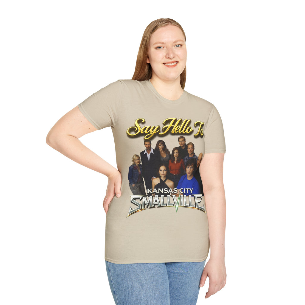 Smallville Cast T-Shirt – "Say Hello To" Kansas City Retro TV Logo Printify
