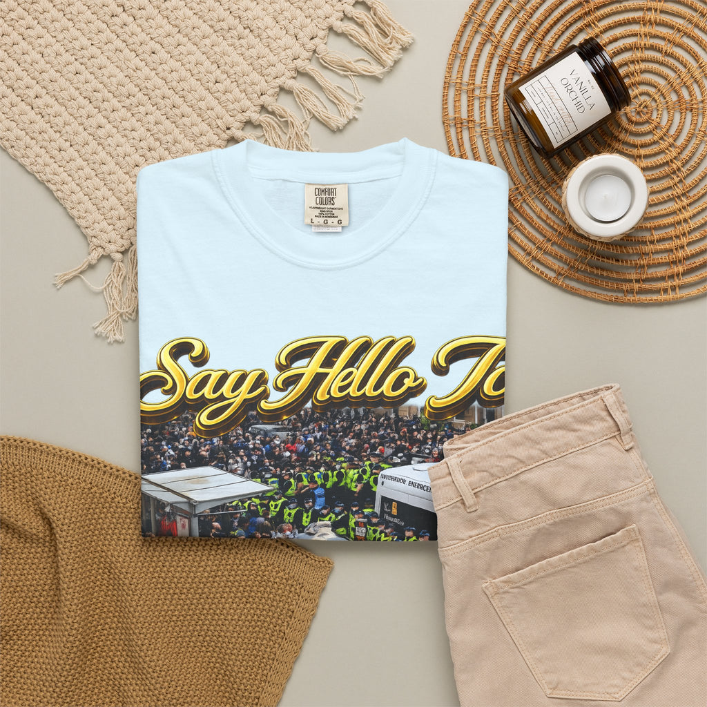 Graphic T-Shirt — "Say Hello to Scotland: Send Them Home" Protest Design Printify