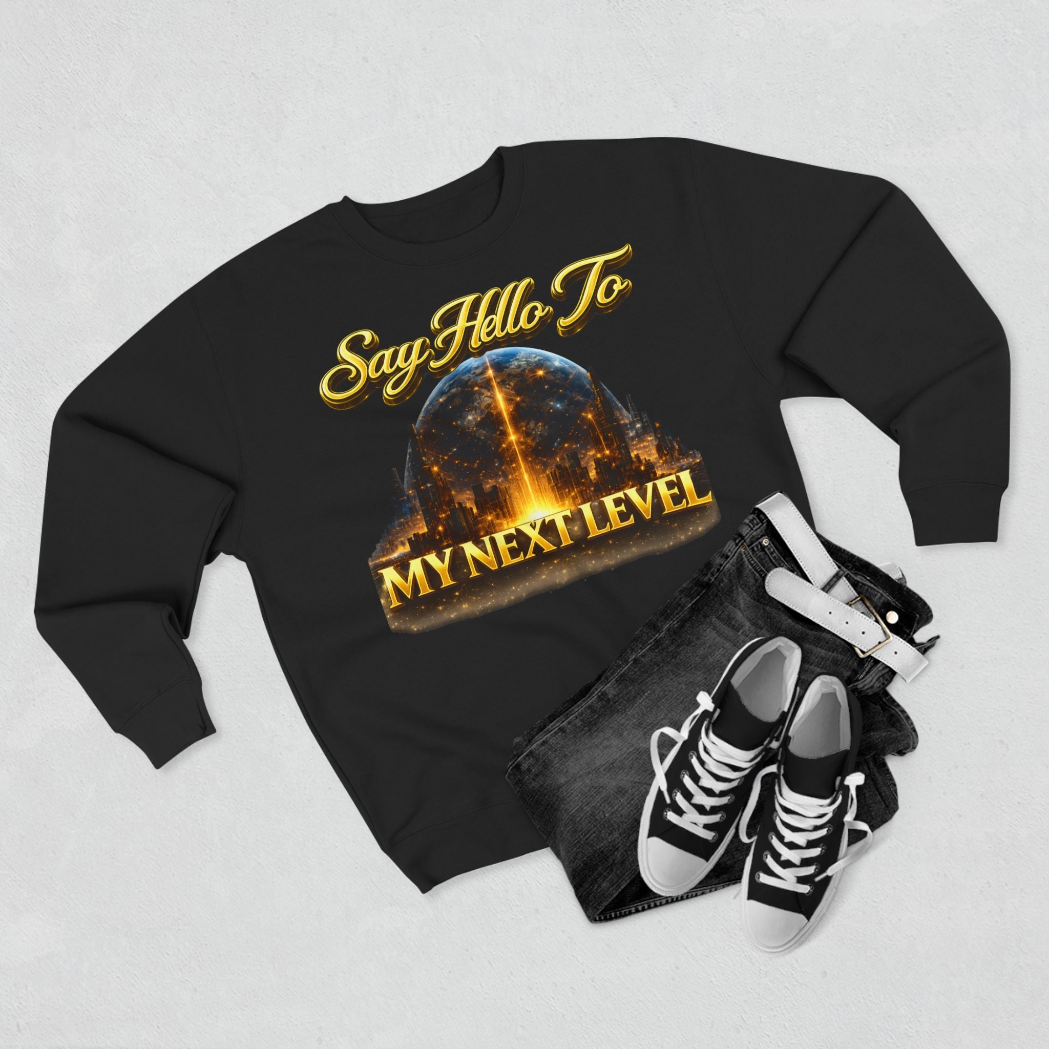 Crewneck Sweatshirt — "Say Hello to My Next Level" Golden Sci‑Fi City Graphic Printify