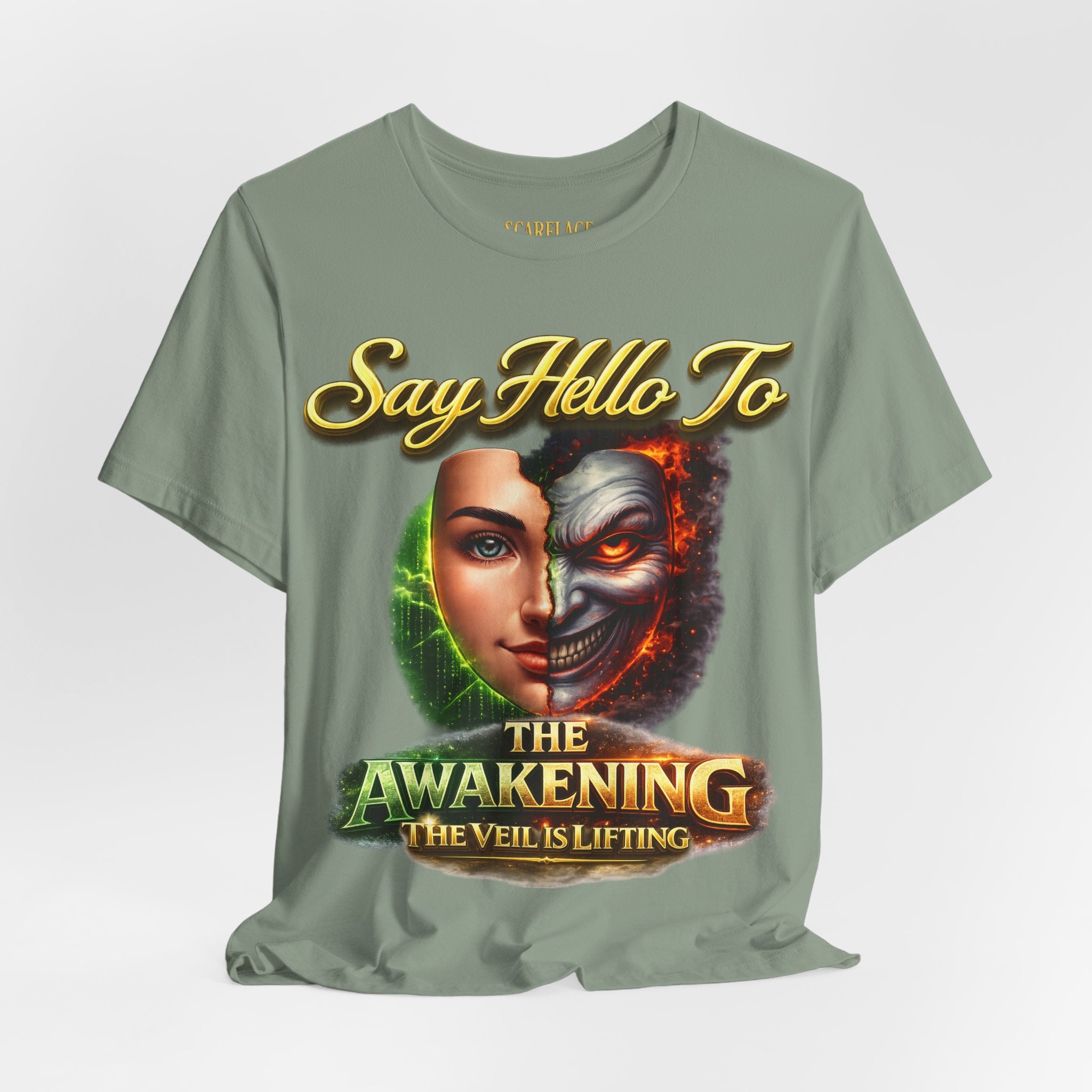 Horror Mask Split Face Tee — "Say Hello To Your Family and Friends" Graphic T-Shirt Printify
