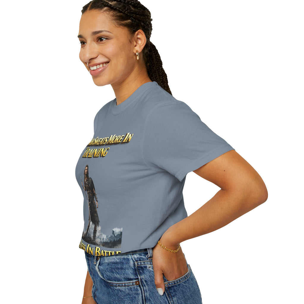 Training Warrior T-Shirt — "He Who Sweats More in Training Bleeds Less in Battle" Printify