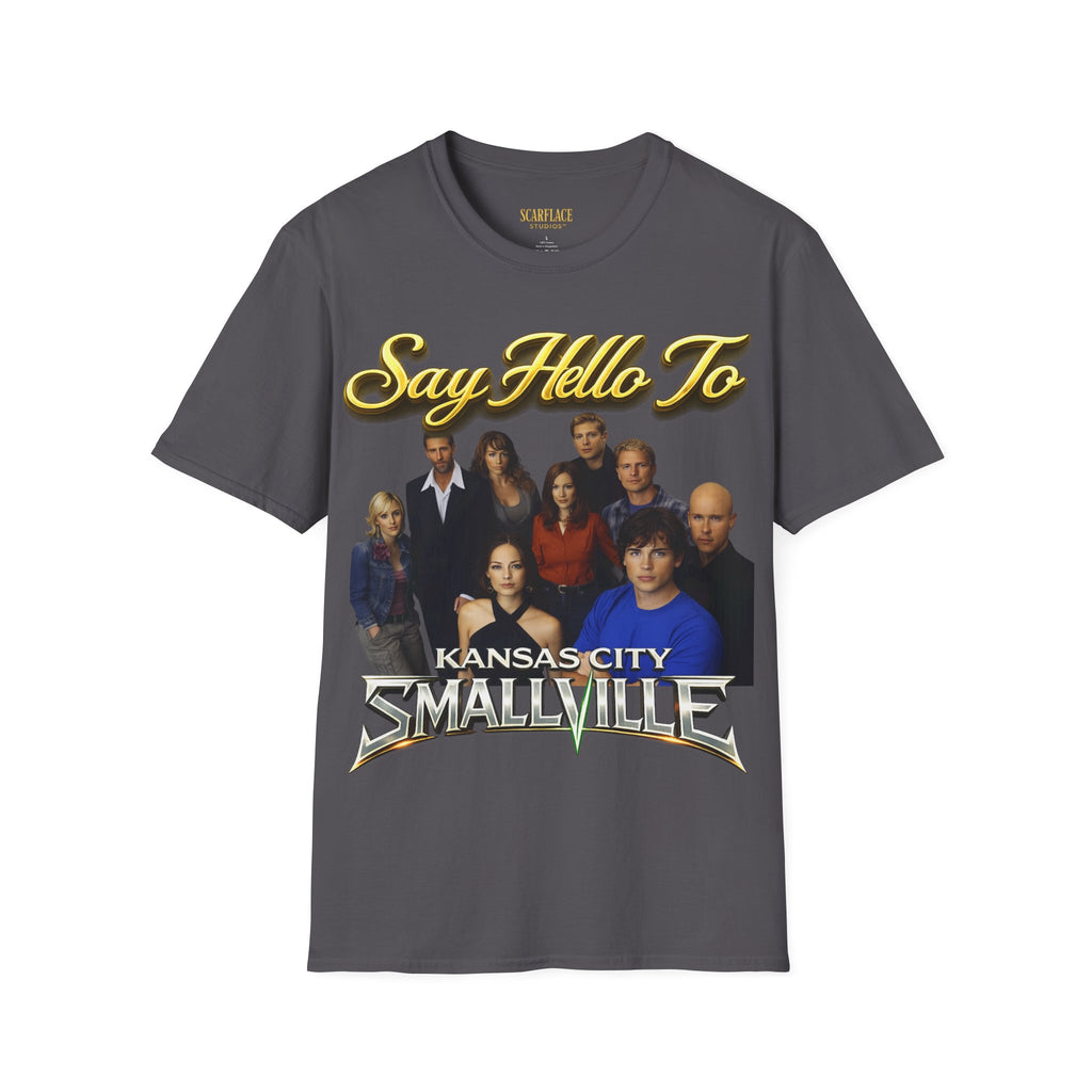 Smallville Cast T-Shirt – "Say Hello To" Kansas City Retro TV Logo Printify