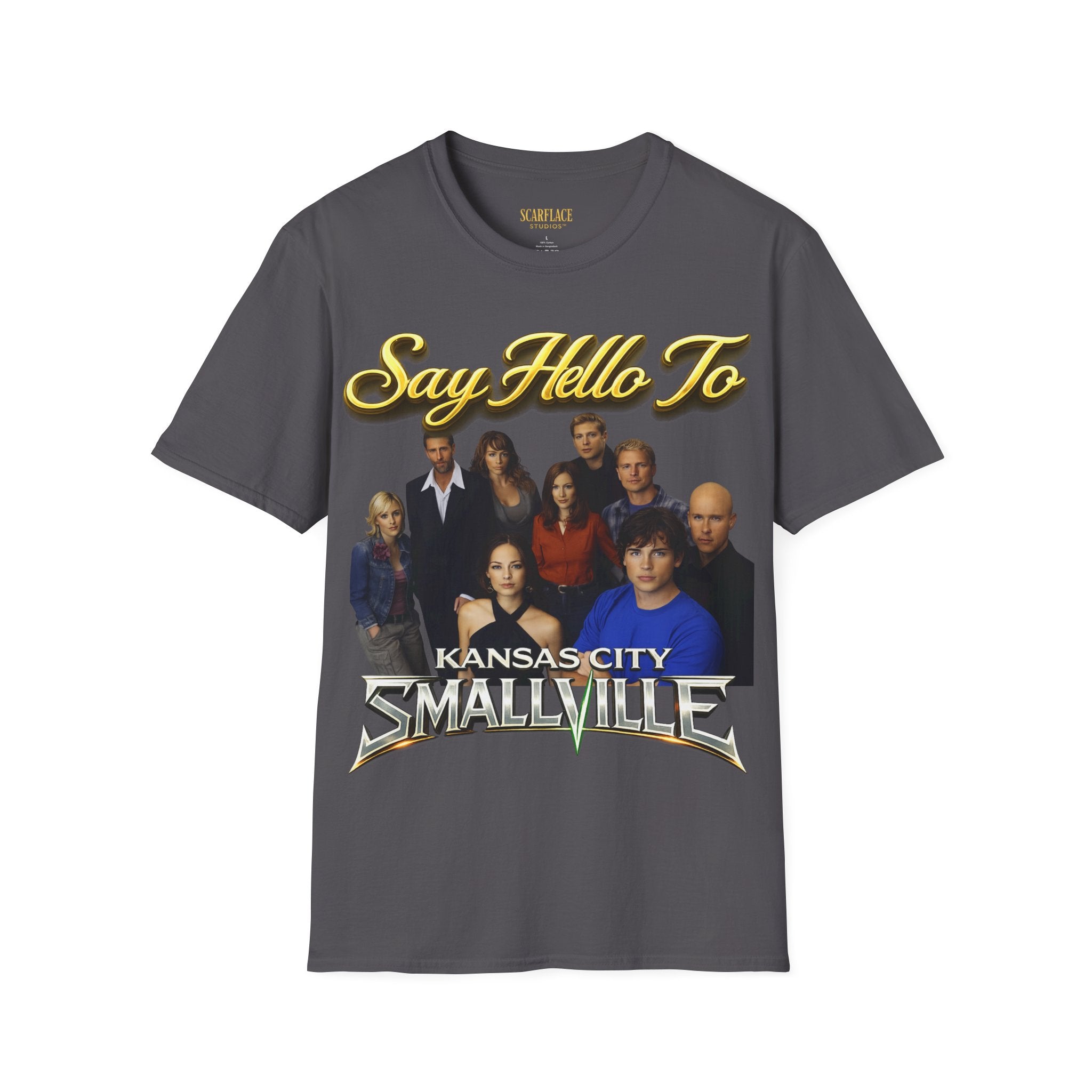 Smallville Cast T-Shirt – "Say Hello To" Kansas City Retro TV Logo Printify