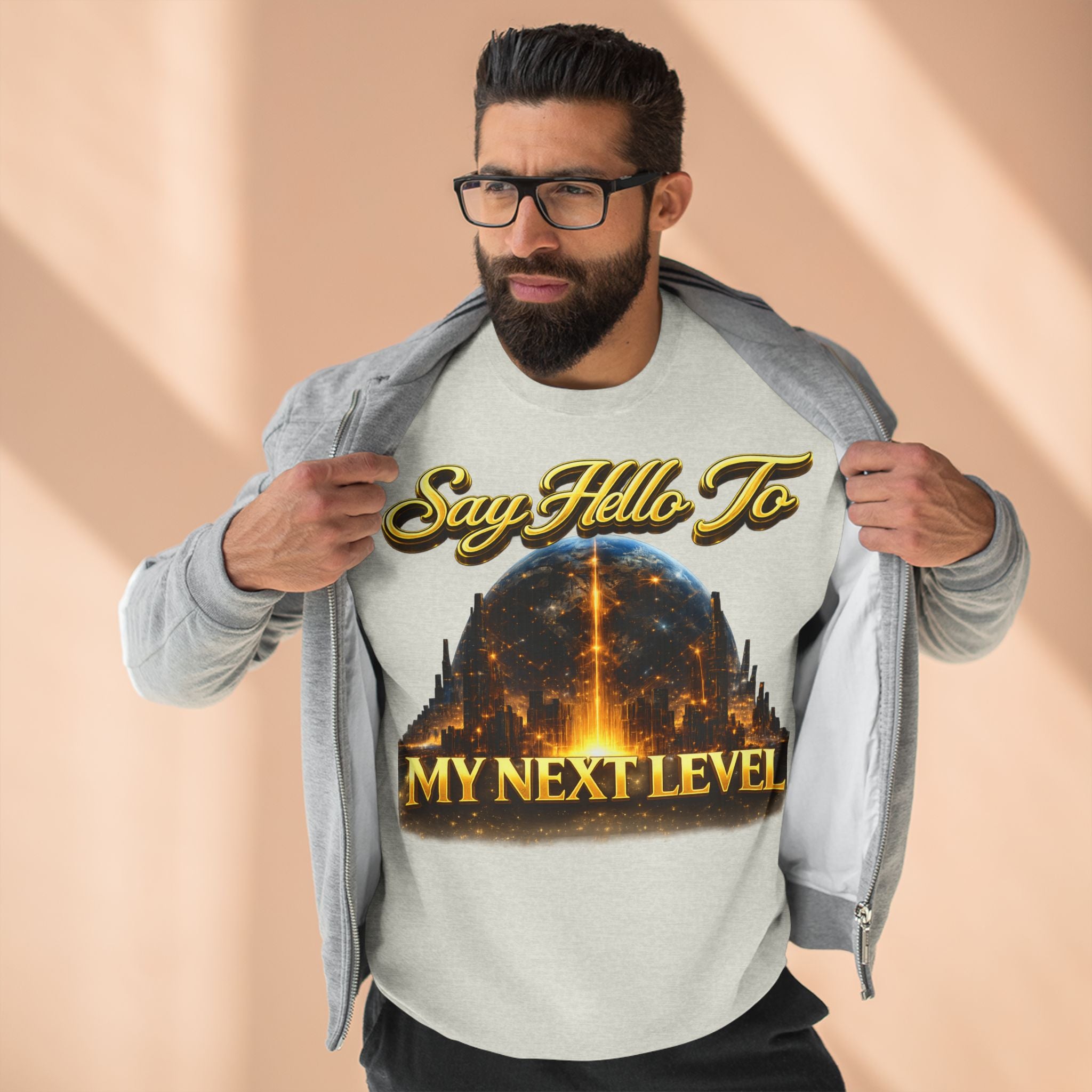 Crewneck Sweatshirt — "Say Hello to My Next Level" Golden Sci‑Fi City Graphic Printify