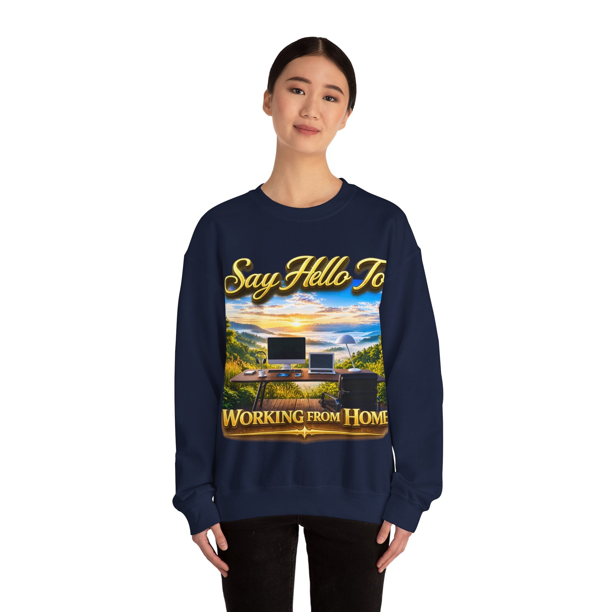 Working From Home Sweatshirt – "Say Hello To" Scenic Home Office Crewneck Printify