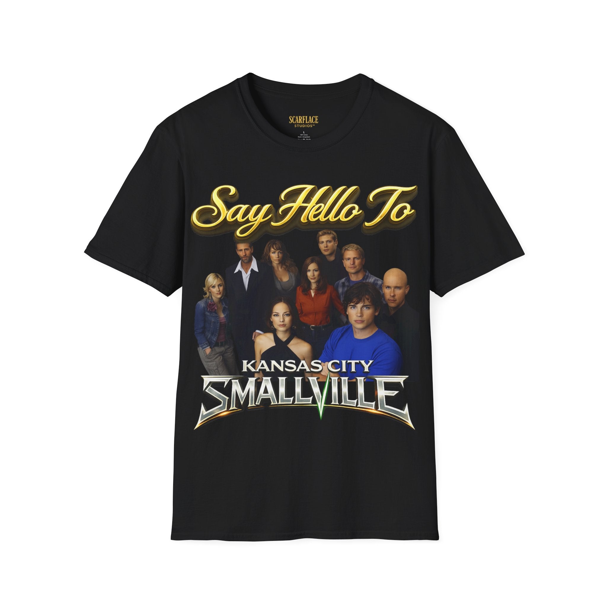 Smallville Cast T-Shirt – "Say Hello To" Kansas City Retro TV Logo Printify