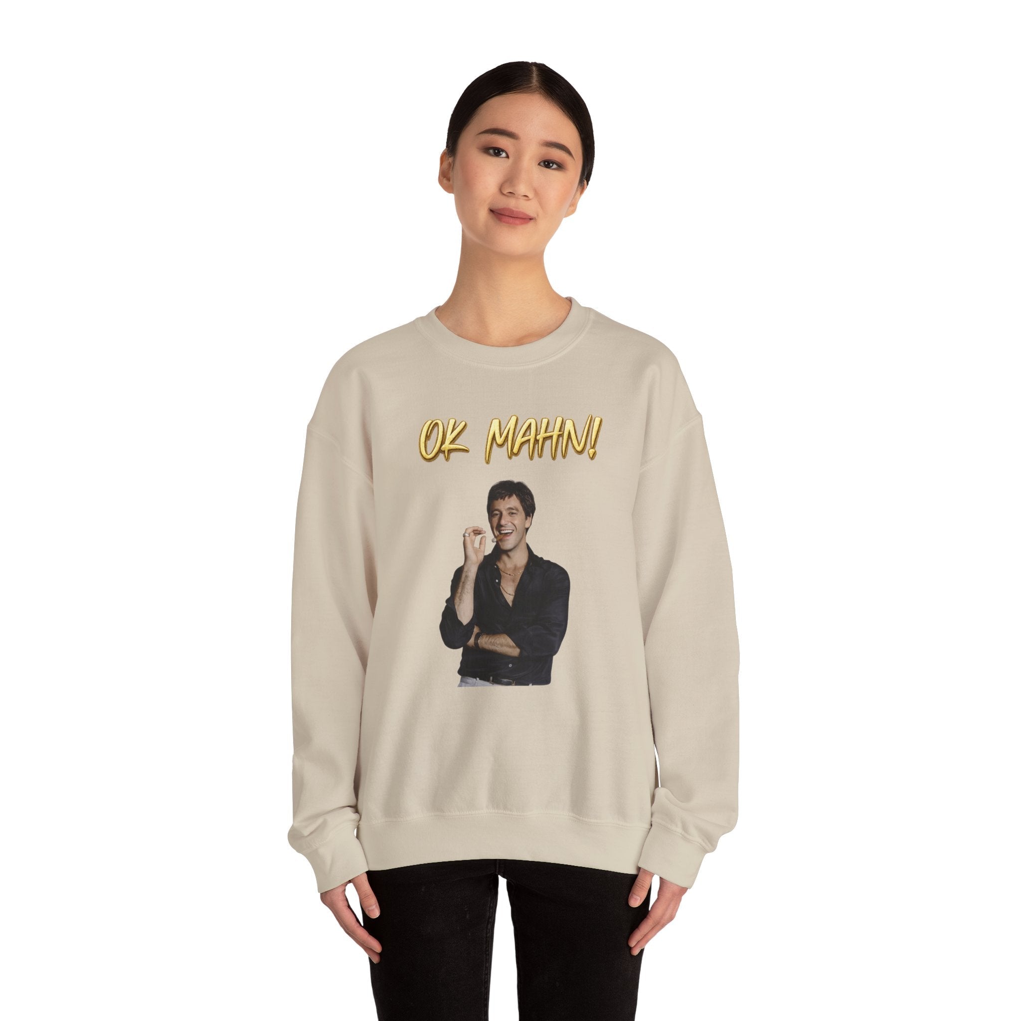Crewneck Sweatshirt — 'Ok Mahn!' Gold Script Minimalist Streetwear Printify