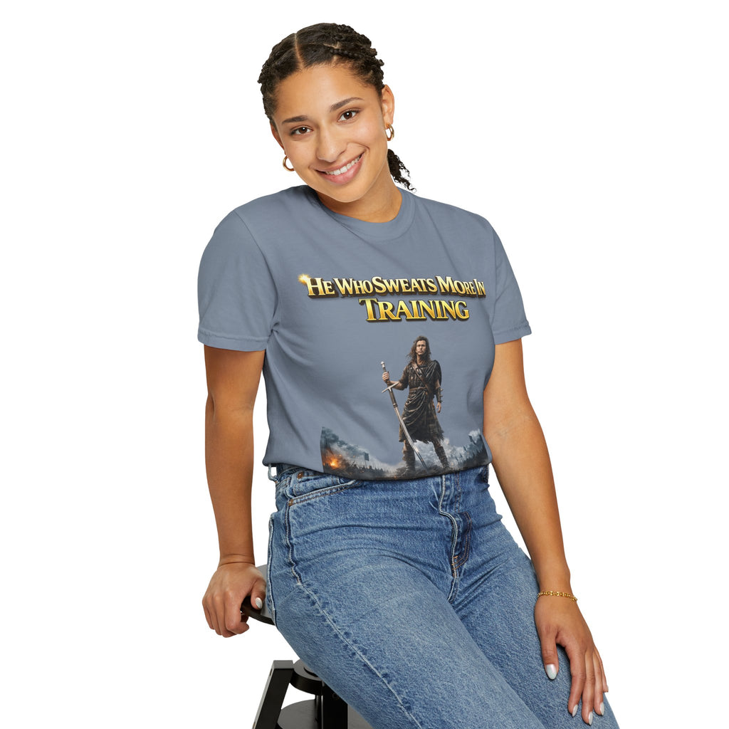 Training Warrior T-Shirt — "He Who Sweats More in Training Bleeds Less in Battle" Printify