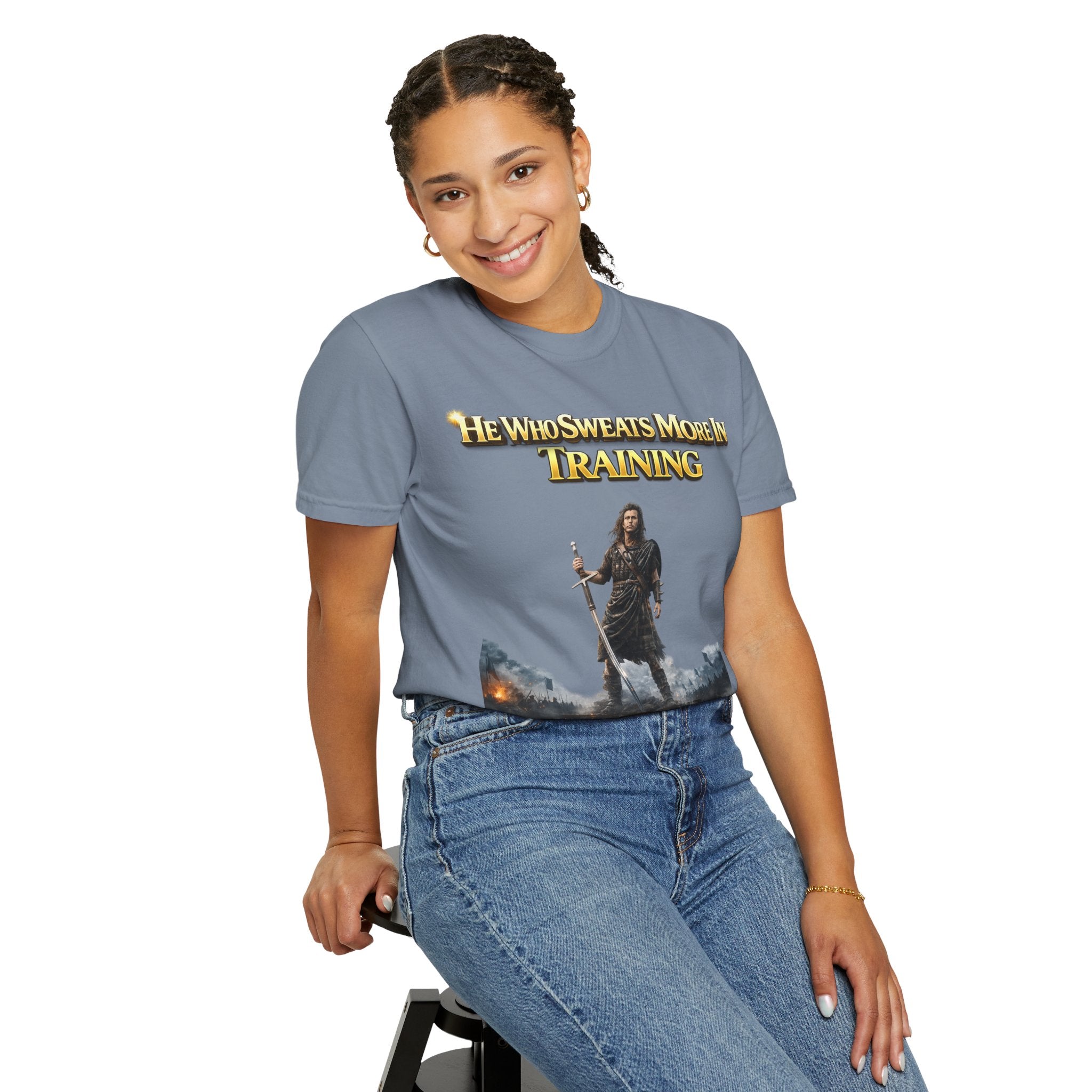 Training Warrior T-Shirt — "He Who Sweats More in Training Bleeds Less in Battle" Printify