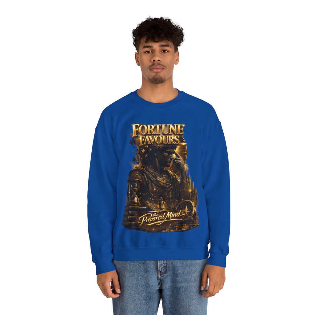 Crewneck Sweatshirt — "Fortune Favors the Prepared Mind" Motivational Design Printify