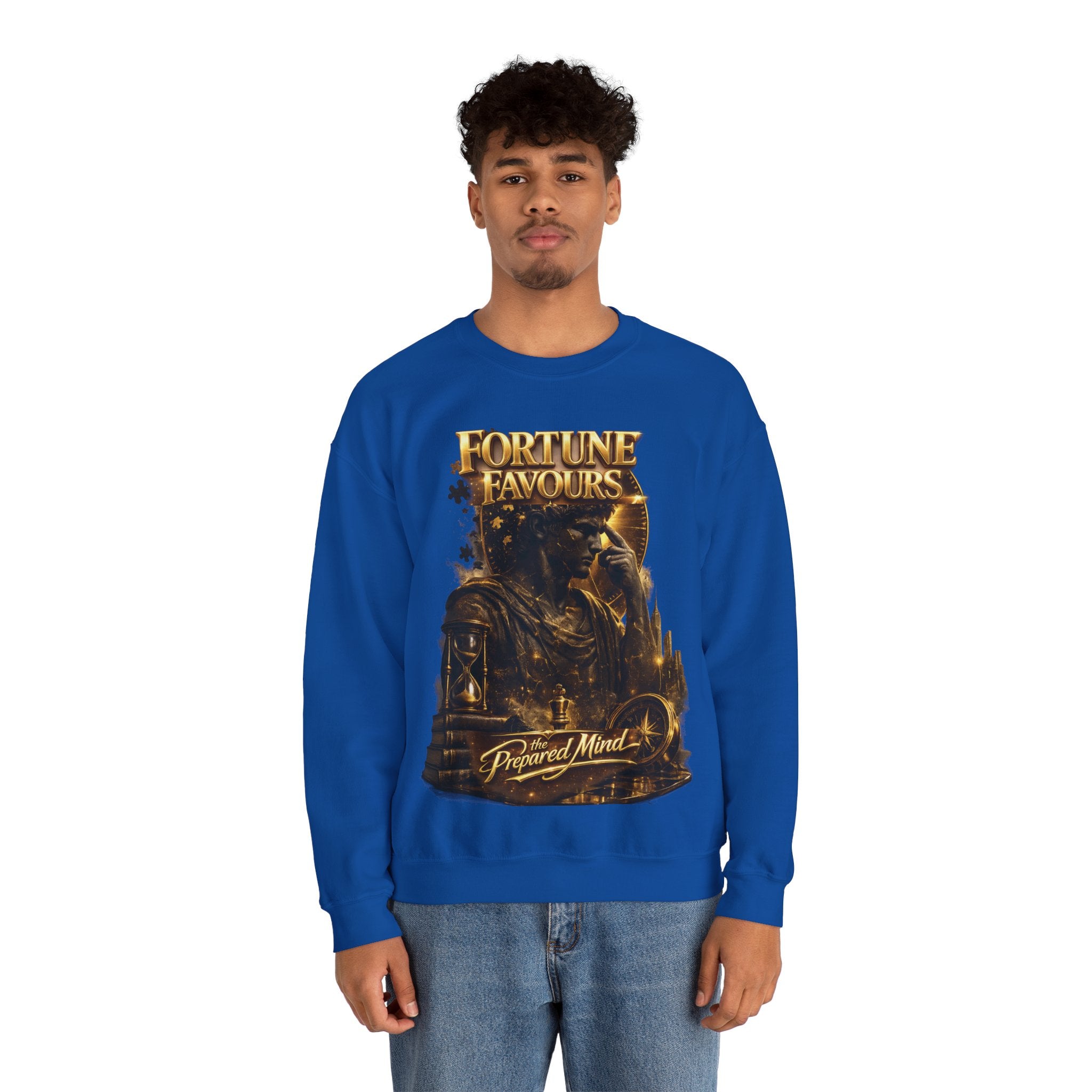 Crewneck Sweatshirt — "Fortune Favors the Prepared Mind" Motivational Design Printify