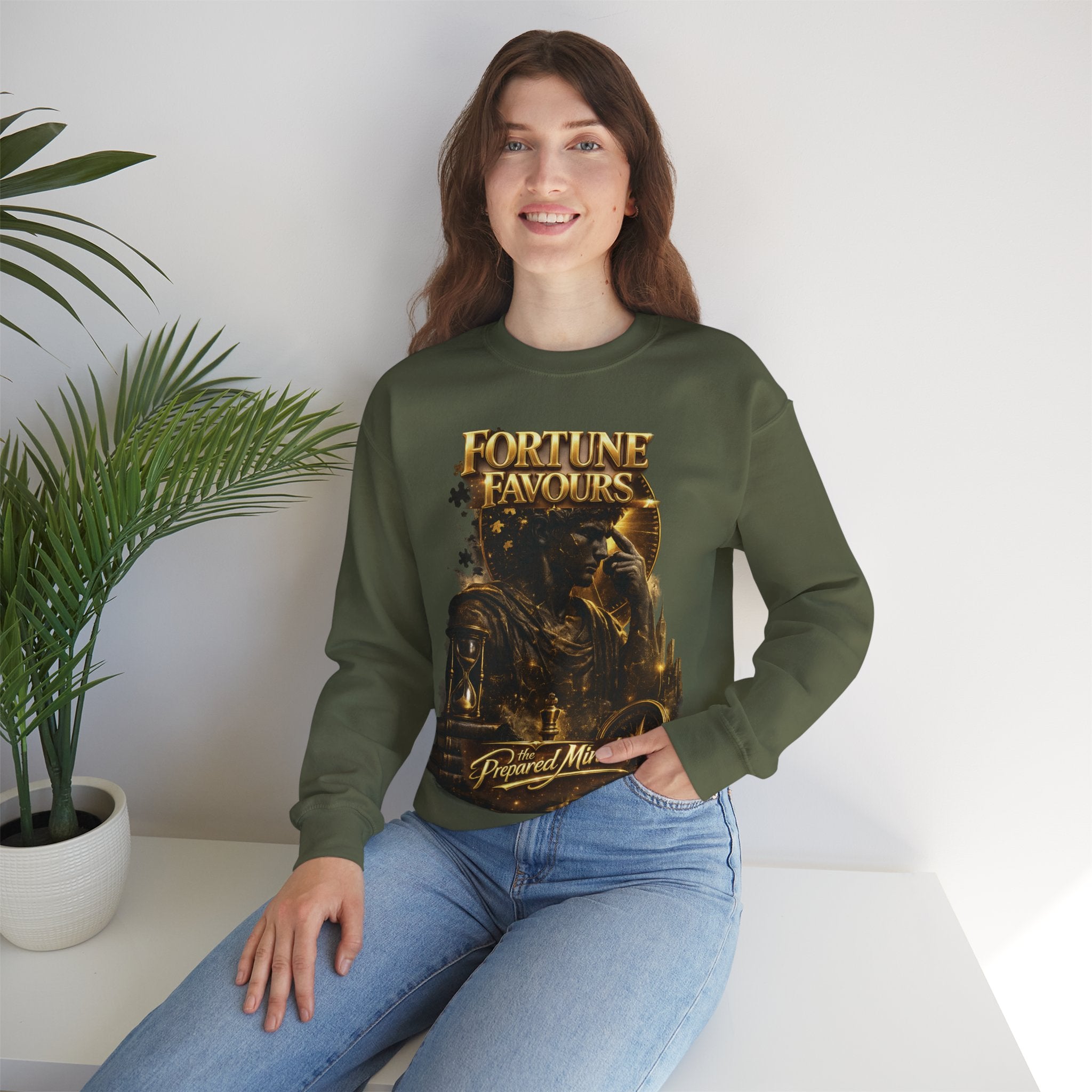 Crewneck Sweatshirt — "Fortune Favors the Prepared Mind" Motivational Design Printify
