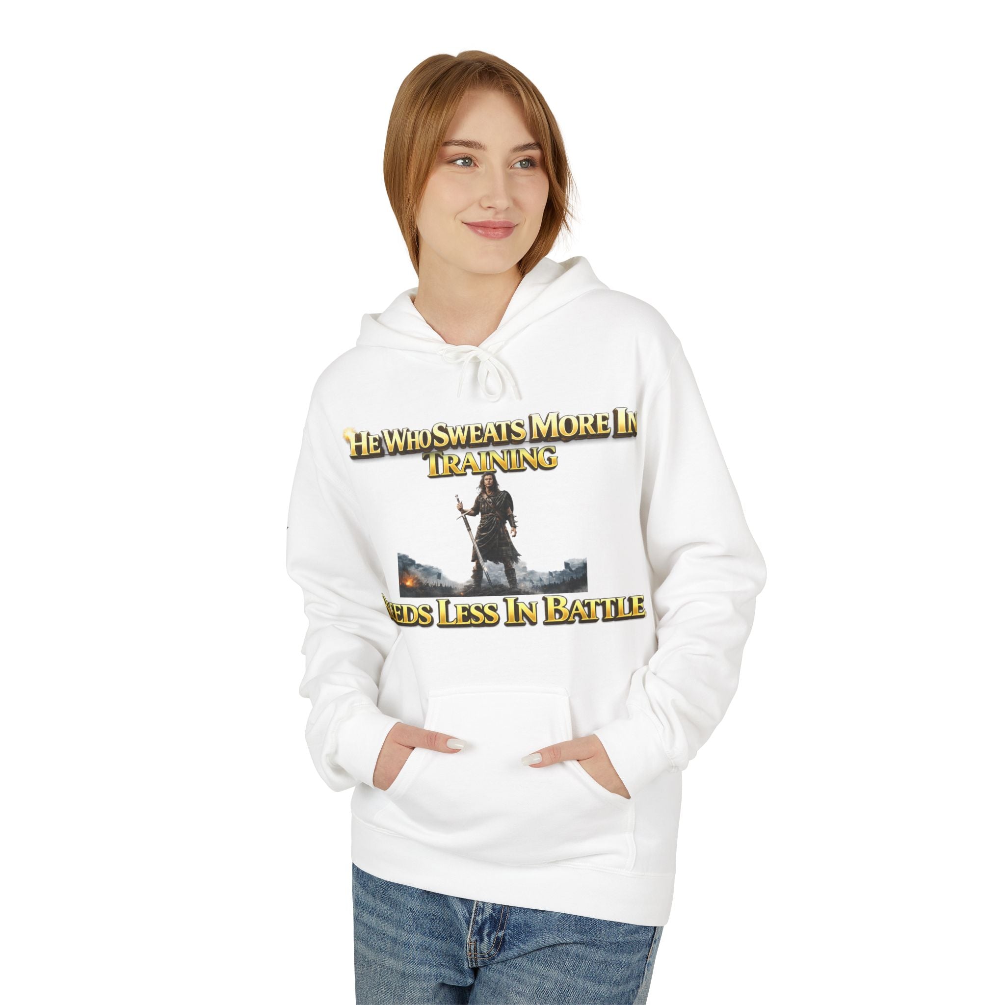 Warrior Training Hoodie — "He Who Sweats More in Training Bleeds Less in Battle" Printify