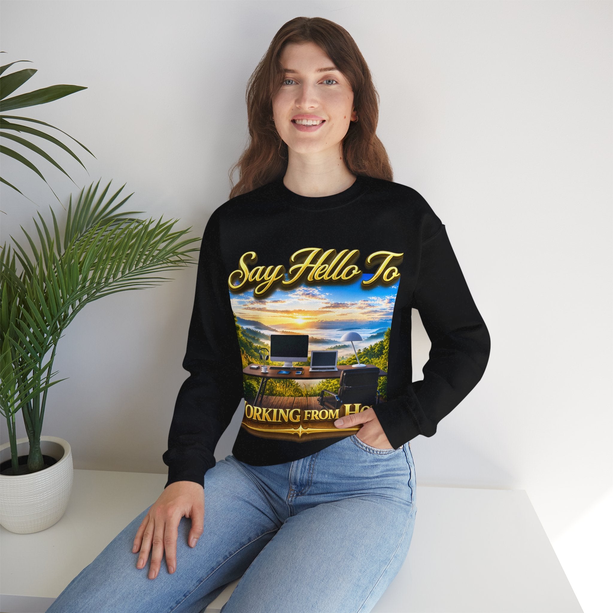 Working From Home Sweatshirt – "Say Hello To" Scenic Home Office Crewneck Printify