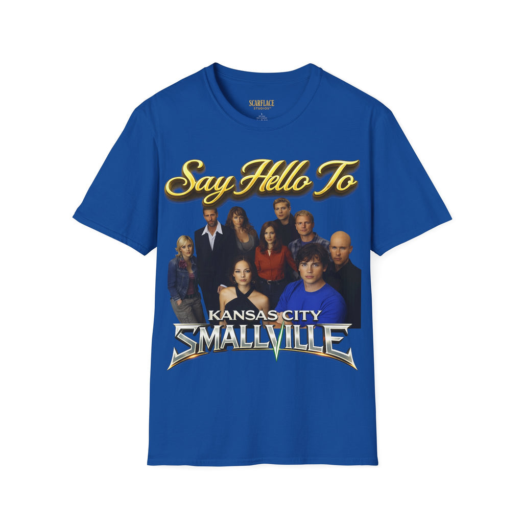Smallville Cast T-Shirt – "Say Hello To" Kansas City Retro TV Logo Printify
