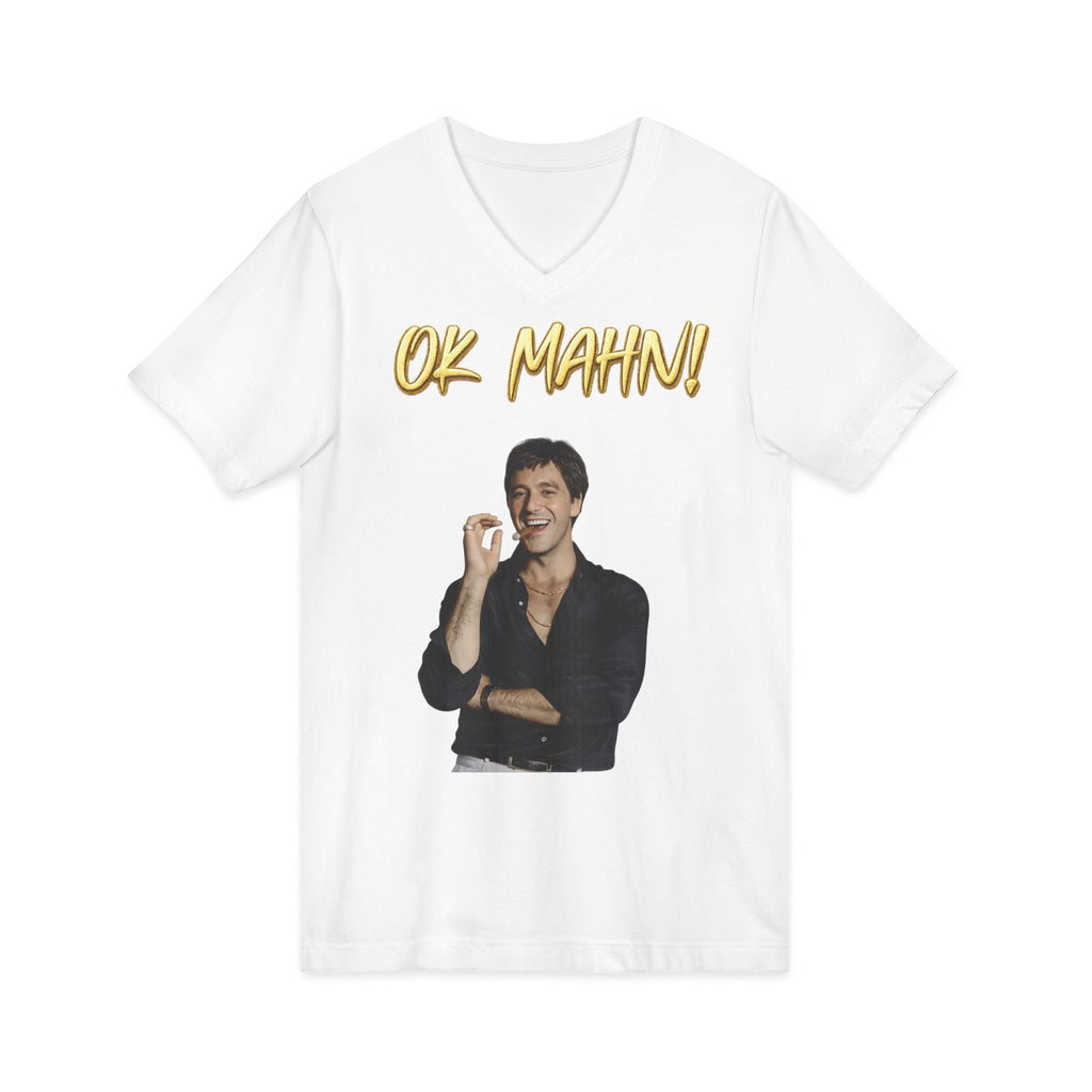 OK Mahn! V-Neck Tee — Vintage Laugh Meme T-Shirt Scarflace Studios Printify