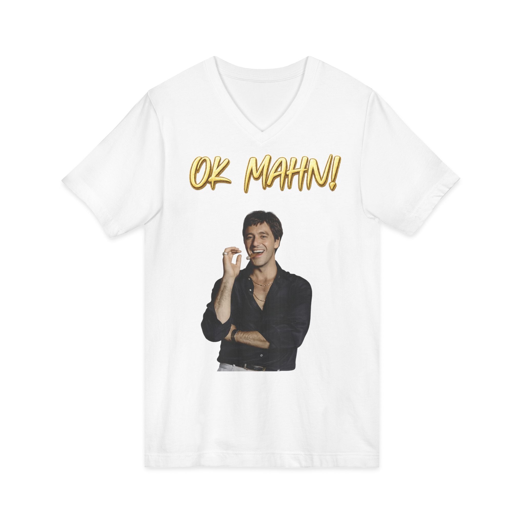 OK Mahn! V-Neck Tee — Vintage Laugh Meme T-Shirt Scarflace Studios Printify