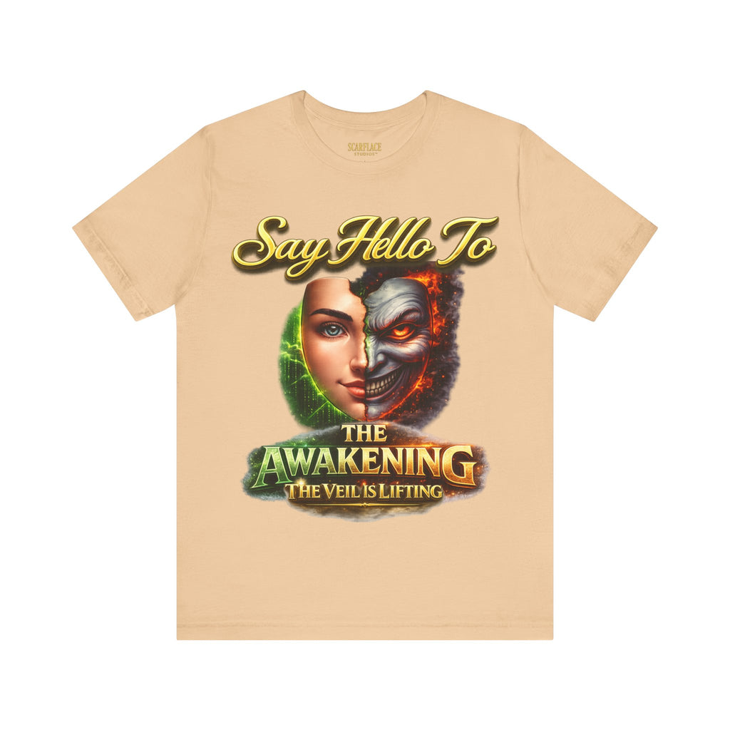 Horror Mask Split Face Tee — "Say Hello To Your Family and Friends" Graphic T-Shirt Printify