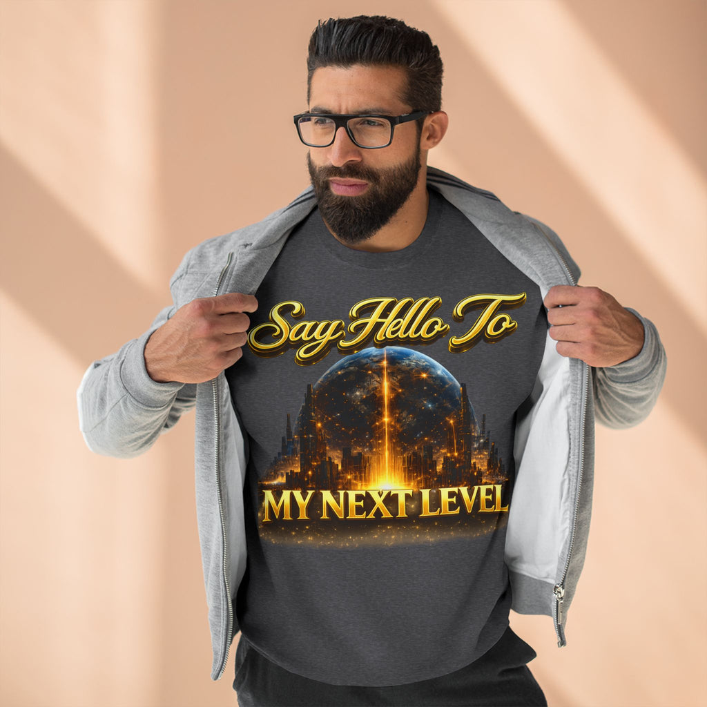 Crewneck Sweatshirt — "Say Hello to My Next Level" Golden Sci‑Fi City Graphic Printify