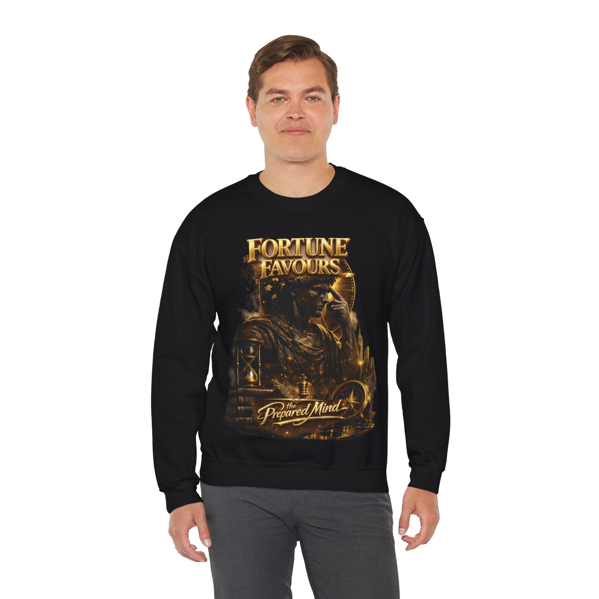 Crewneck Sweatshirt — "Fortune Favors the Prepared Mind" Motivational Design Printify