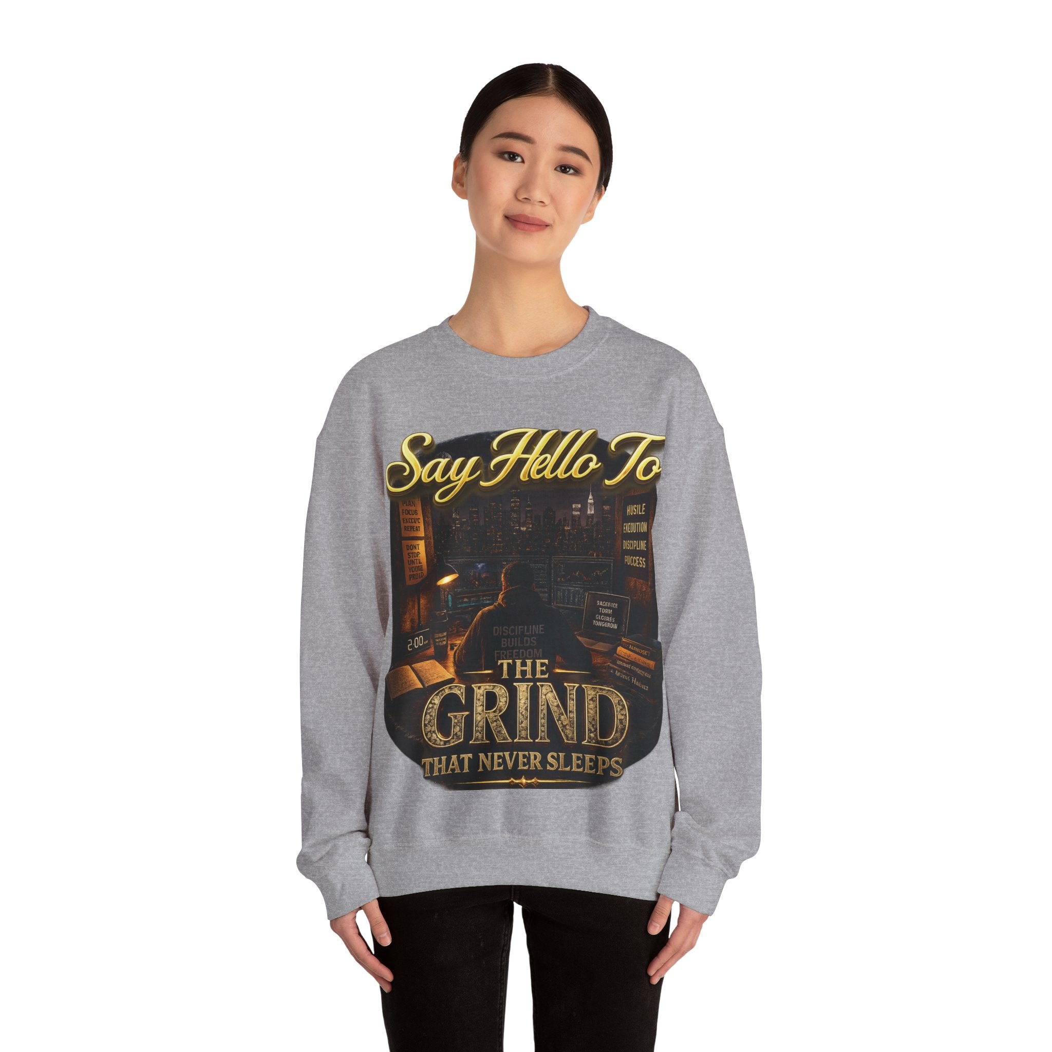 The Grind That Never Sleeps Crewneck Sweatshirt — Motivational Hustle Sweatshirt Printify