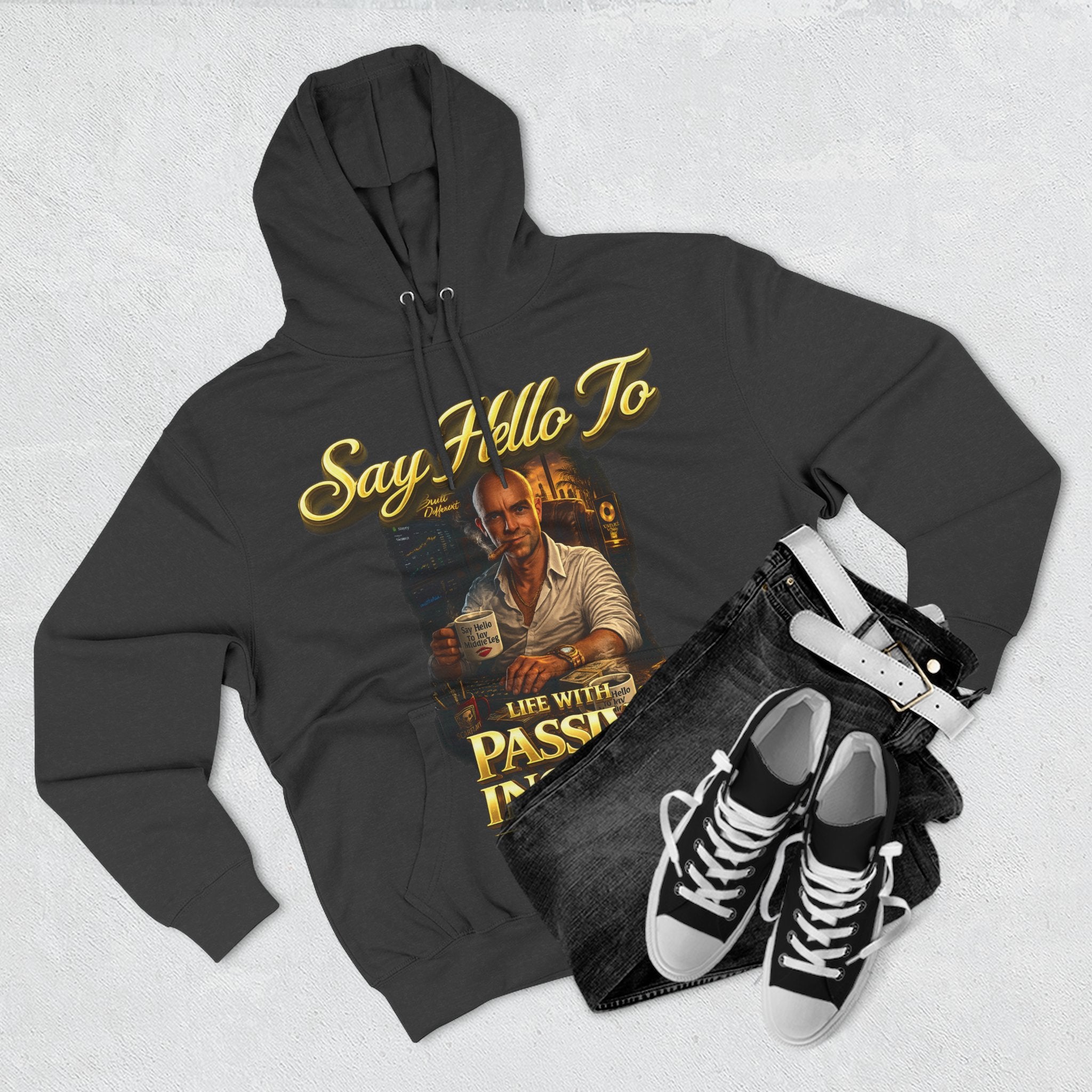 Passive Income Hoodie — "Say Hello to Life With Passive Income" Cozy Three-Panel Fleece Pullover Printify