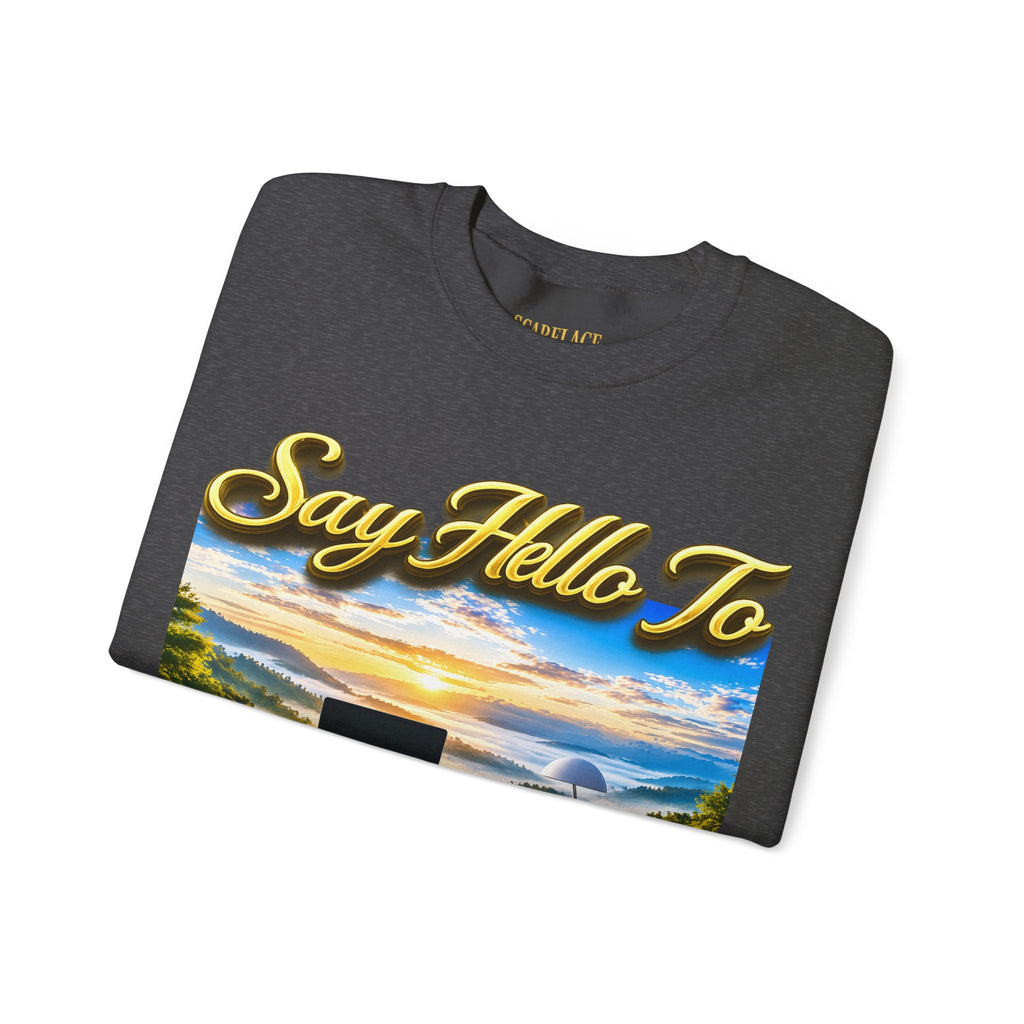 Working From Home Sweatshirt – "Say Hello To" Scenic Home Office Crewneck Printify