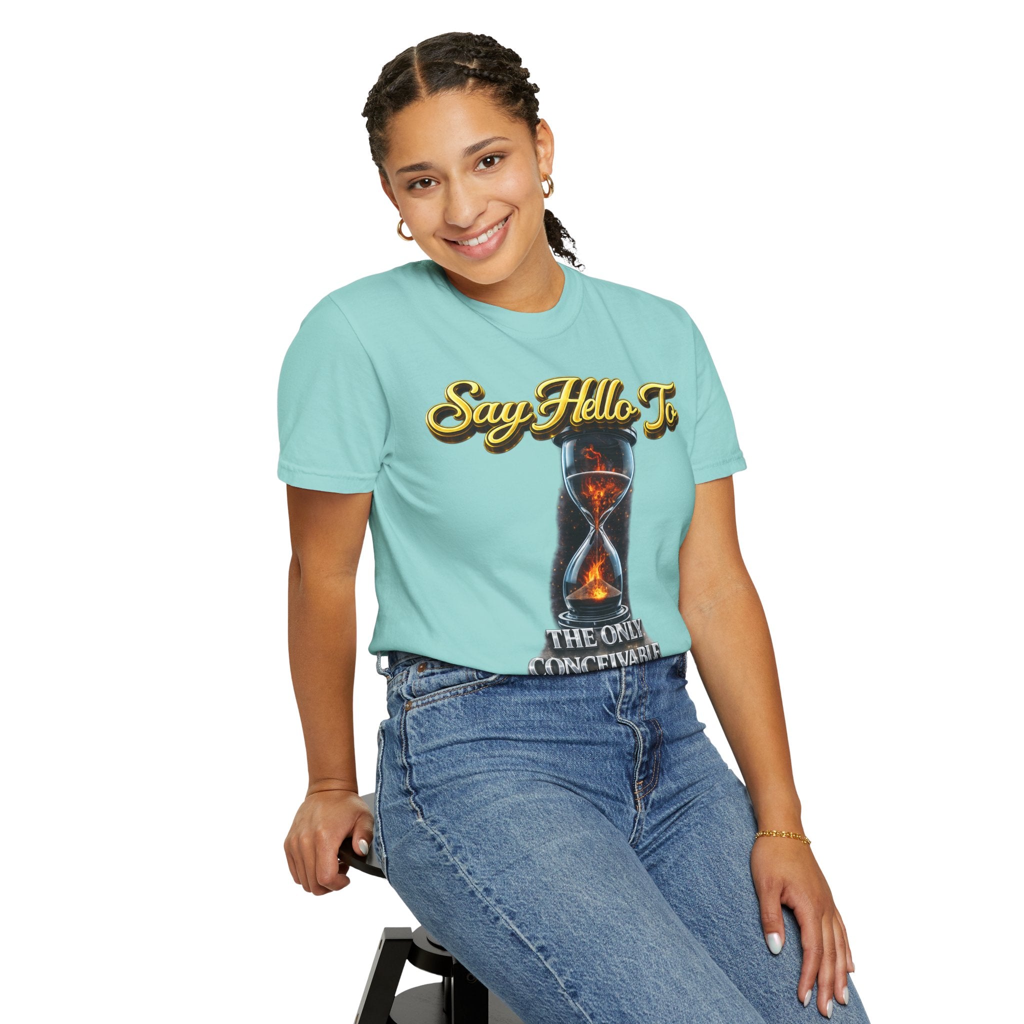 Say Hello To Time Hourglass Graphic T-Shirt — "The Only Conceivable Consistency Is Time" Printify