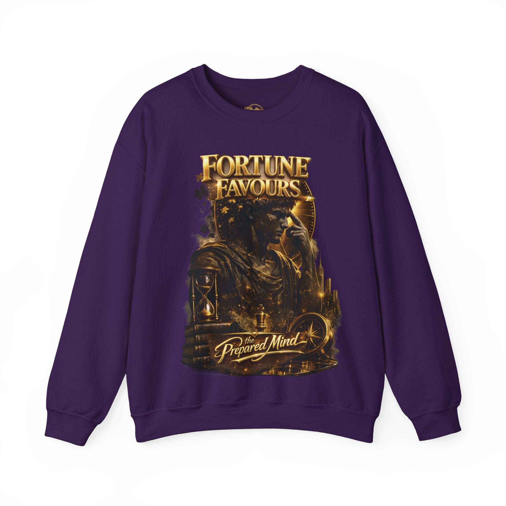 Crewneck Sweatshirt — "Fortune Favors the Prepared Mind" Motivational Design Printify