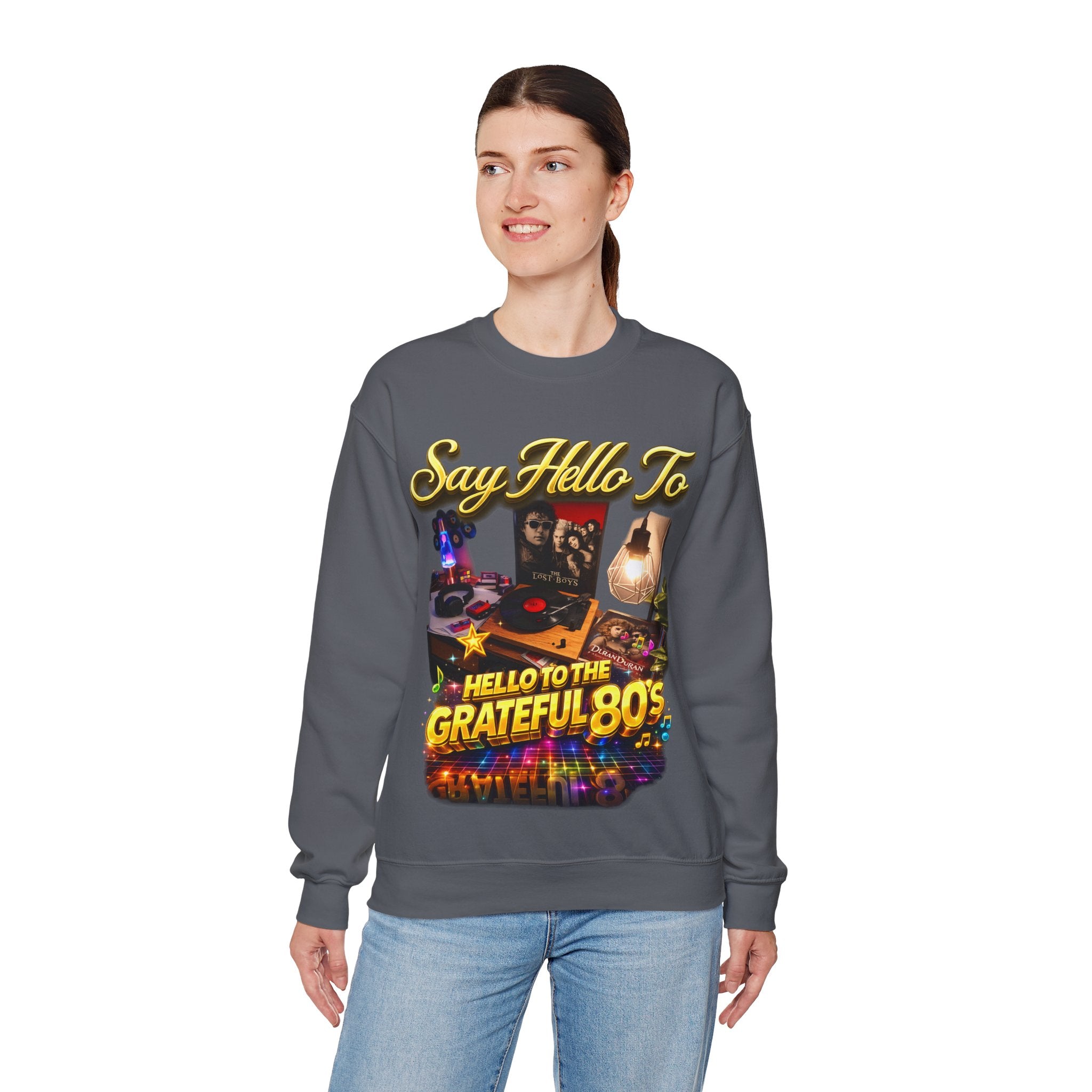 Grateful 80s Crewneck Sweatshirt — “say hello to the grateful 80's” Retro Vibe Printify