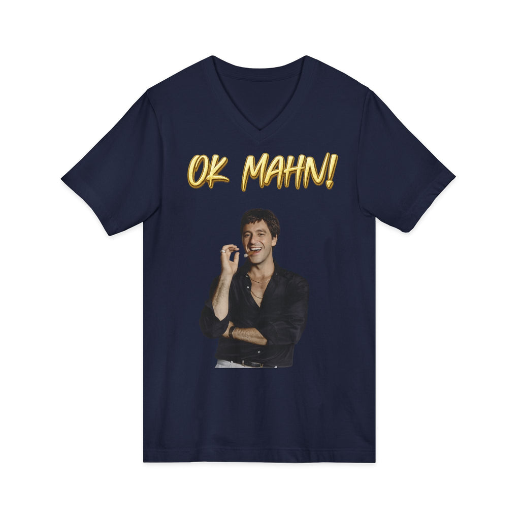 OK Mahn! V-Neck Tee — Vintage Laugh Meme T-Shirt Scarflace Studios Printify