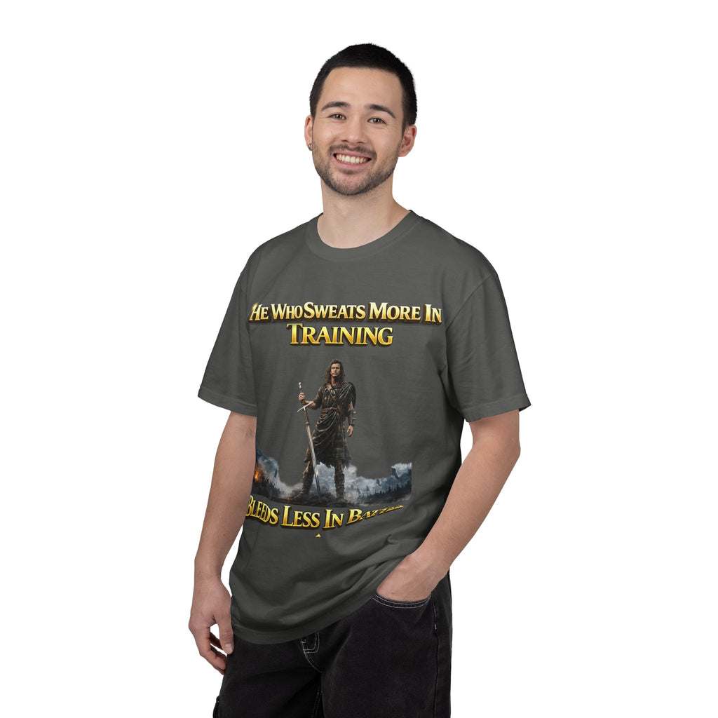 Training Warrior T-Shirt — "He Who Sweats More in Training Bleeds Less in Battle" Printify
