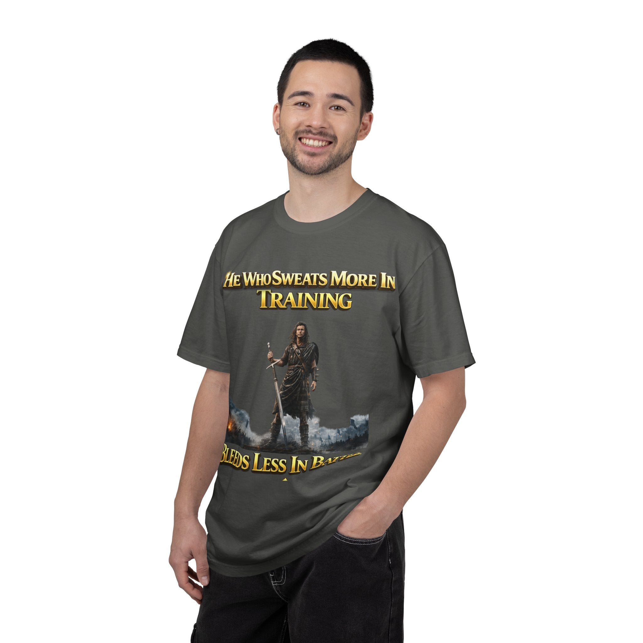 Training Warrior T-Shirt — "He Who Sweats More in Training Bleeds Less in Battle" Printify