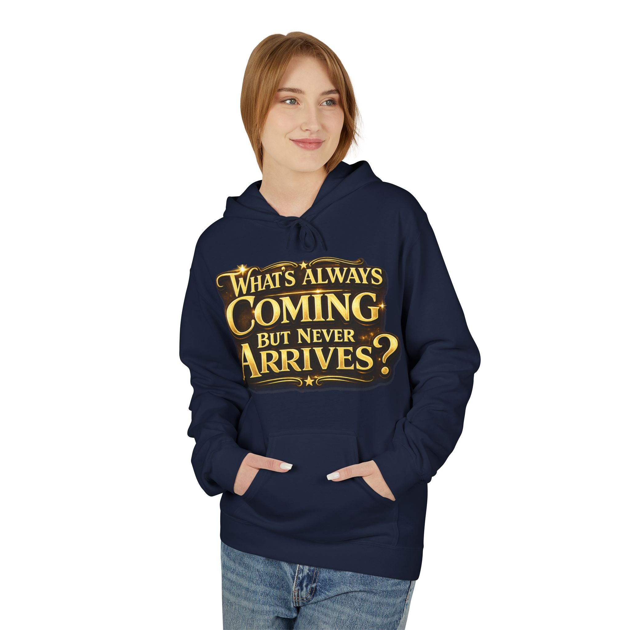 Tomorrow Hoodie — "What's Always Coming But Never Arrives?" Vintage Quote Hoodie Printify