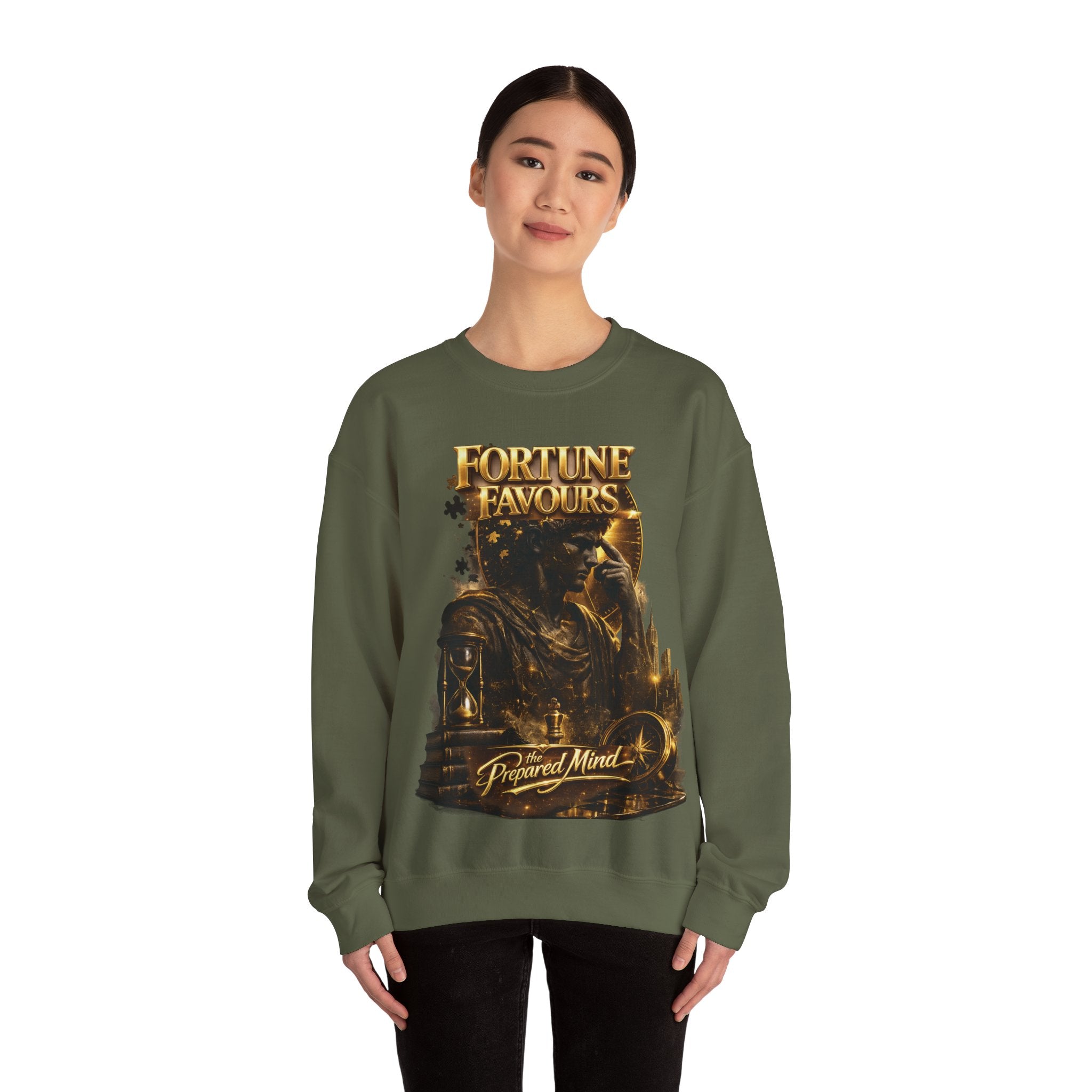 Crewneck Sweatshirt — "Fortune Favors the Prepared Mind" Motivational Design Printify