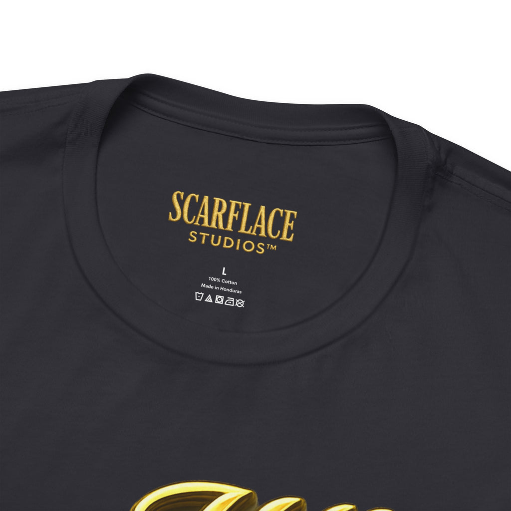Horror Mask Split Face Tee — "Say Hello To Your Family and Friends" Graphic T-Shirt Printify