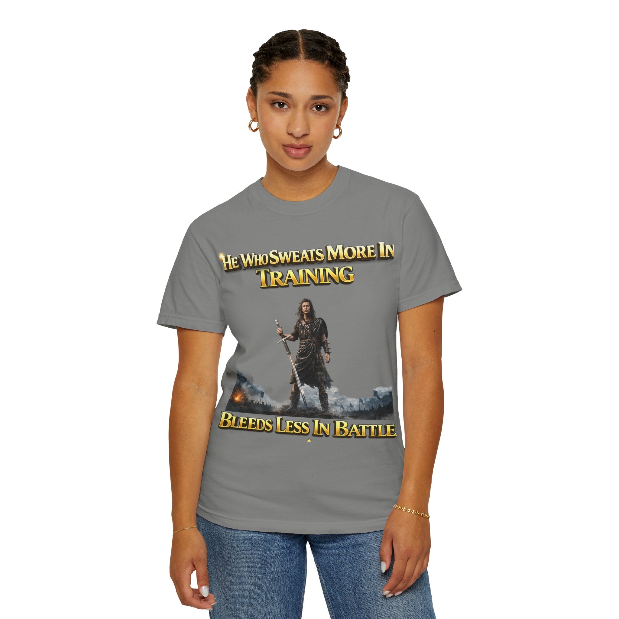 Training Warrior T-Shirt — "He Who Sweats More in Training Bleeds Less in Battle" Printify
