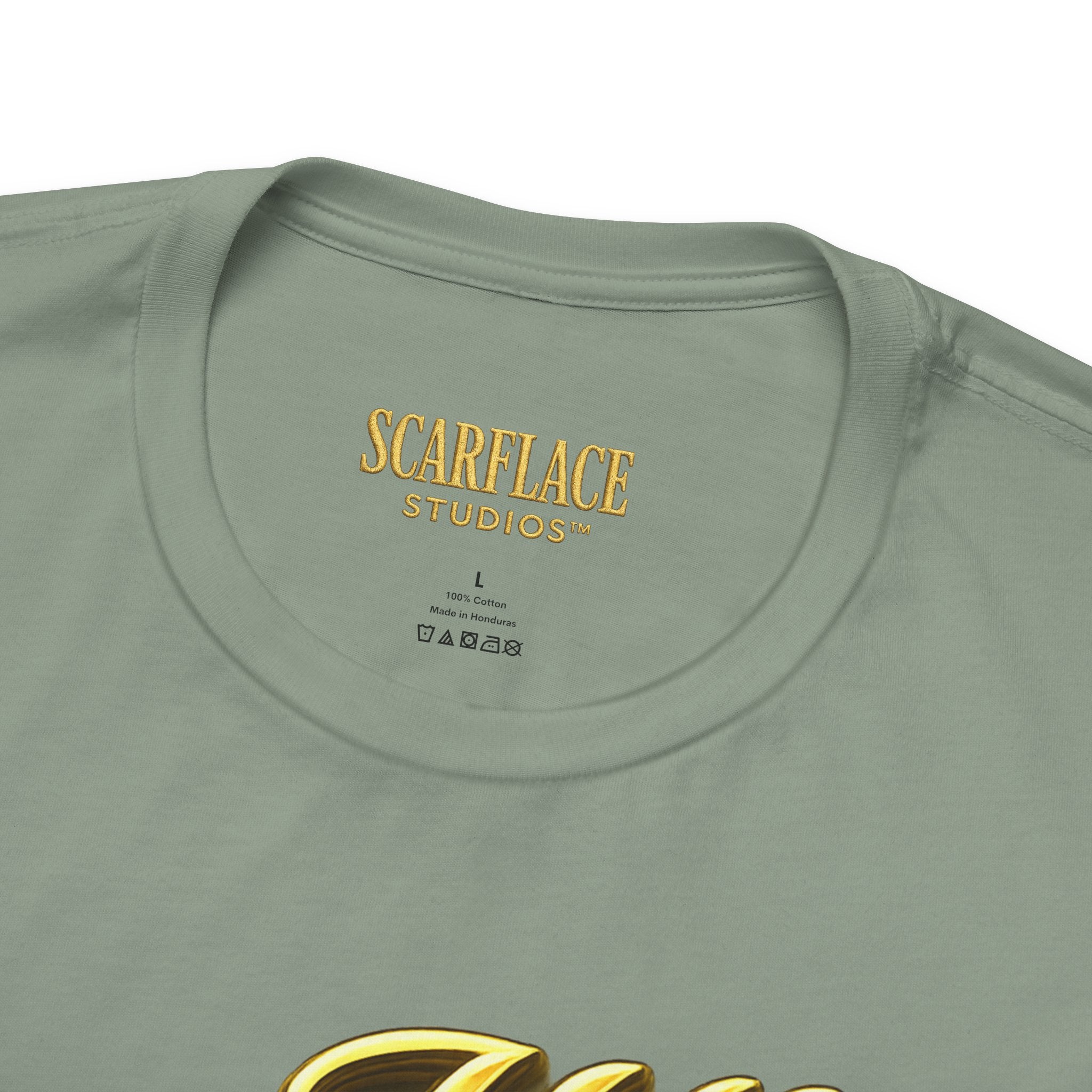 Horror Mask Split Face Tee — "Say Hello To Your Family and Friends" Graphic T-Shirt Printify