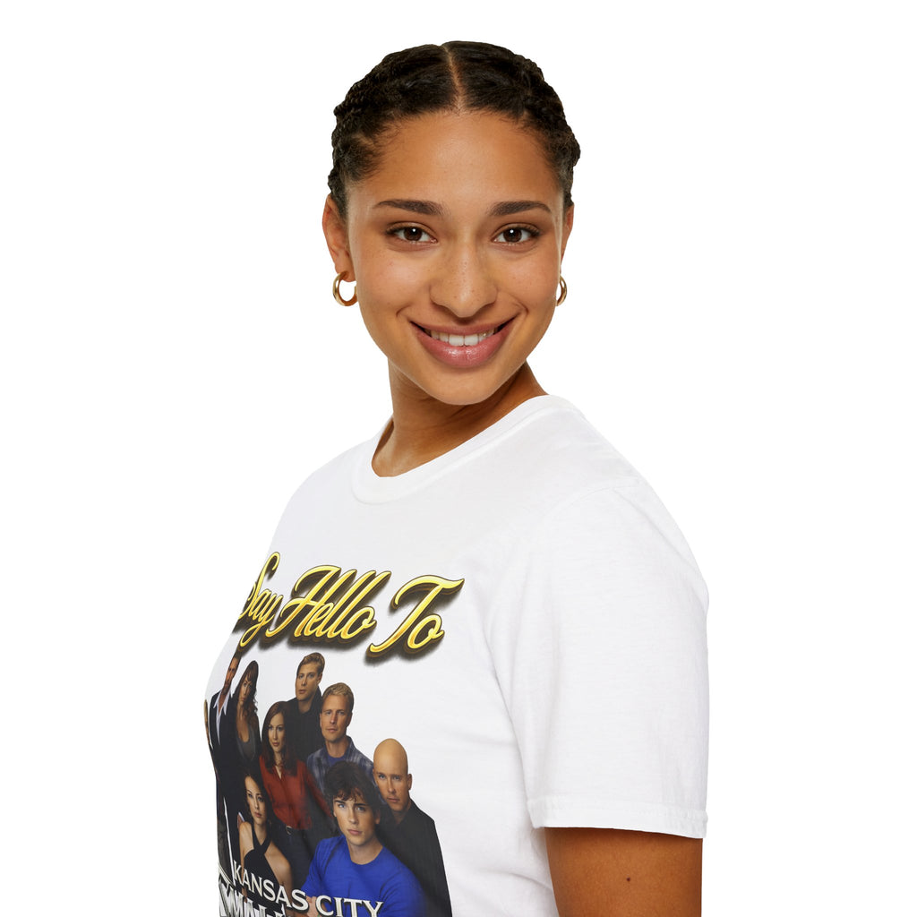 Smallville Cast T-Shirt – "Say Hello To" Kansas City Retro TV Logo Printify