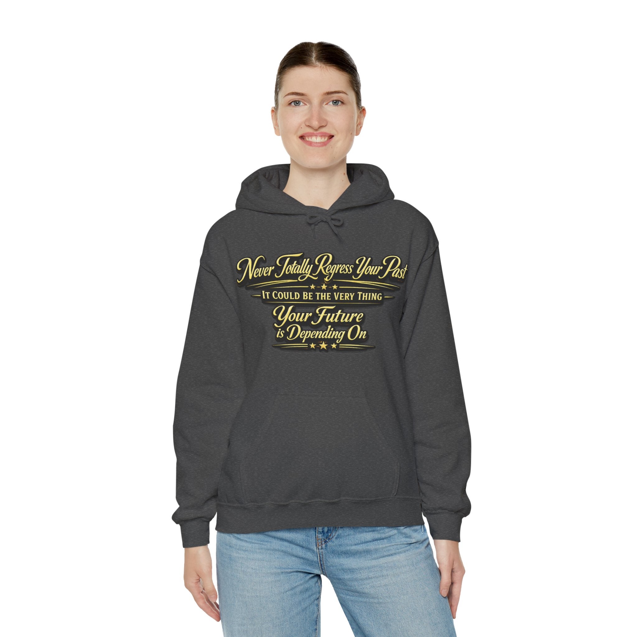 Inspirational Hoodie – “Never Letting Regret Your Past” Motivational City Night Sweatshirt Printify