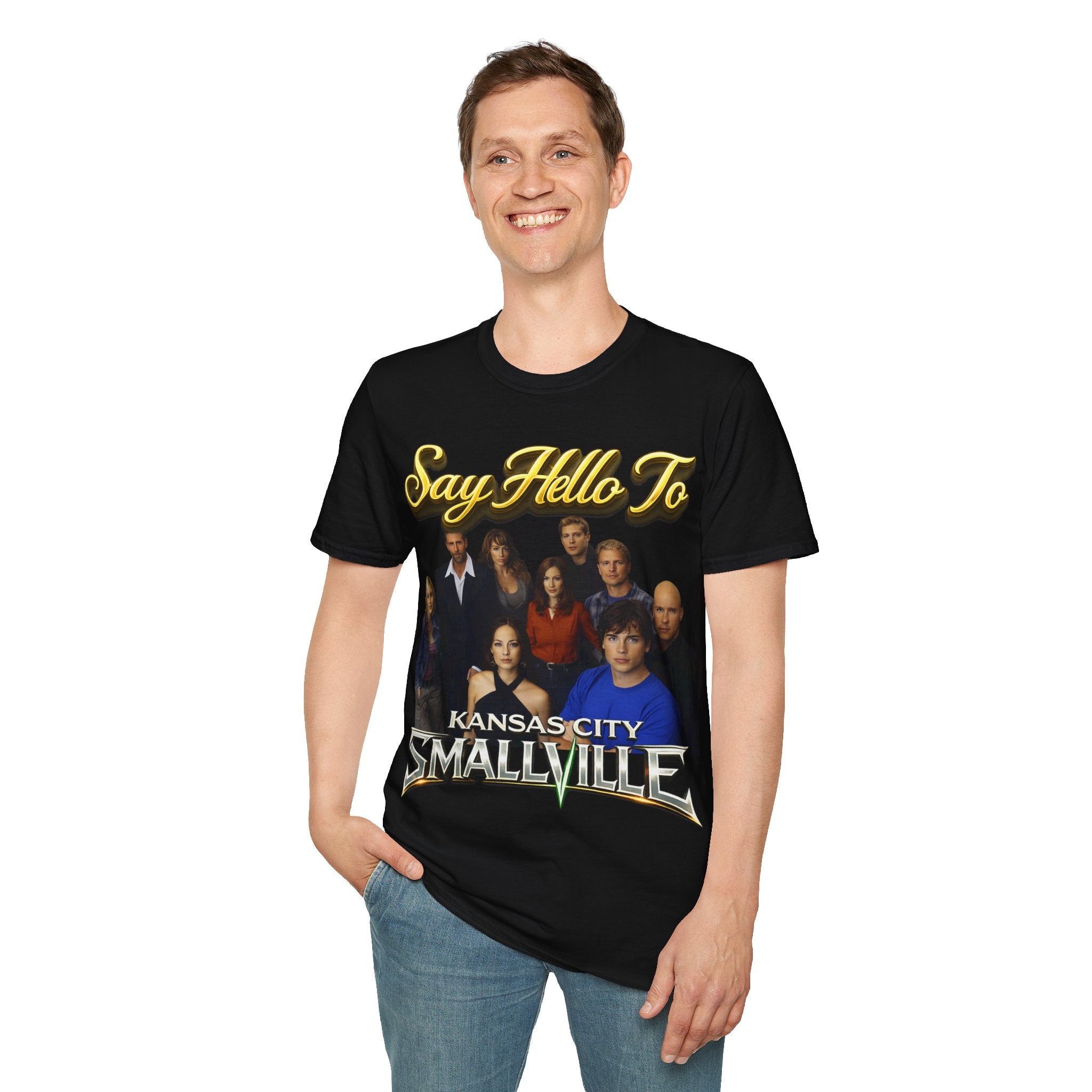 Smallville Cast T-Shirt – "Say Hello To" Kansas City Retro TV Logo Printify