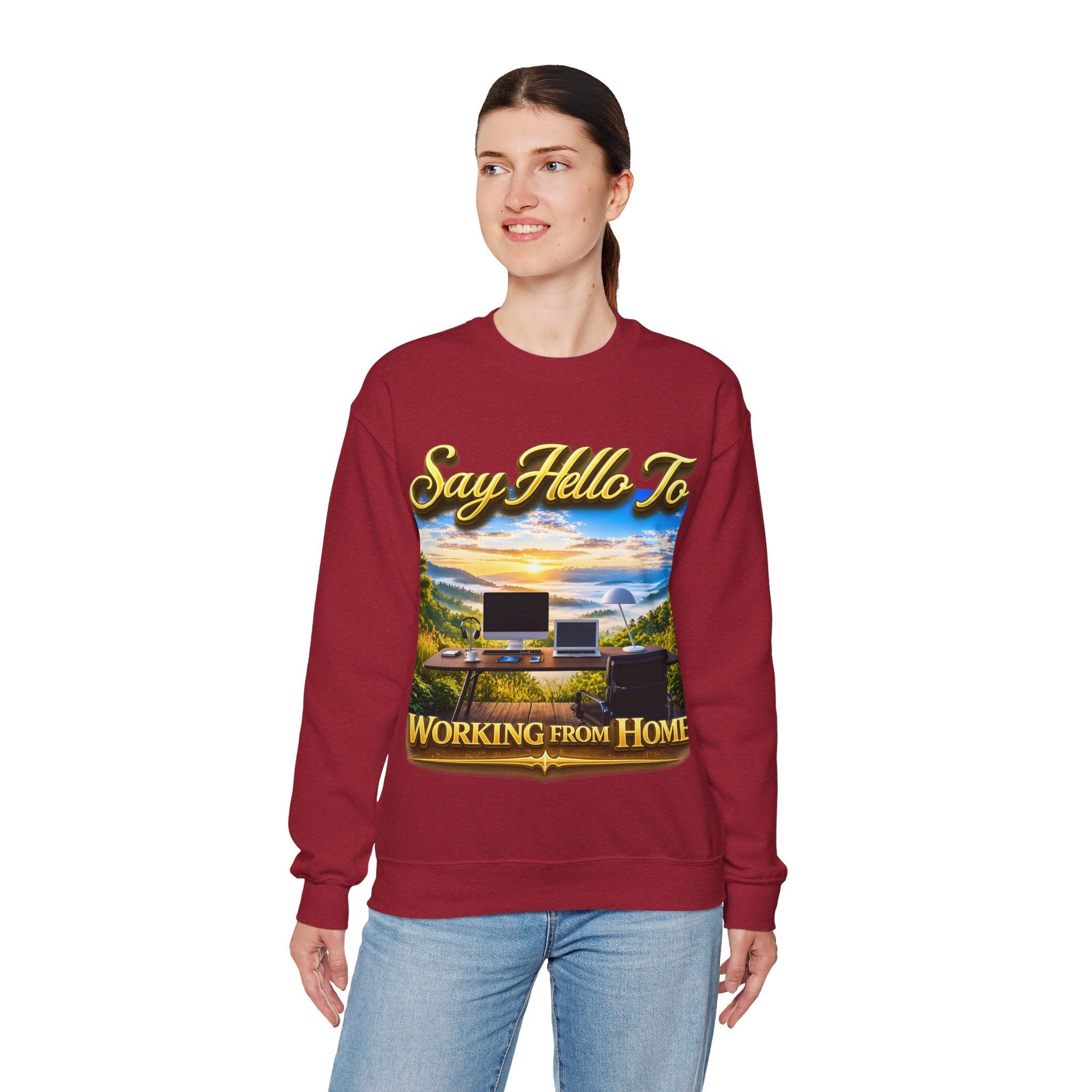 Working From Home Sweatshirt – "Say Hello To" Scenic Home Office Crewneck Printify