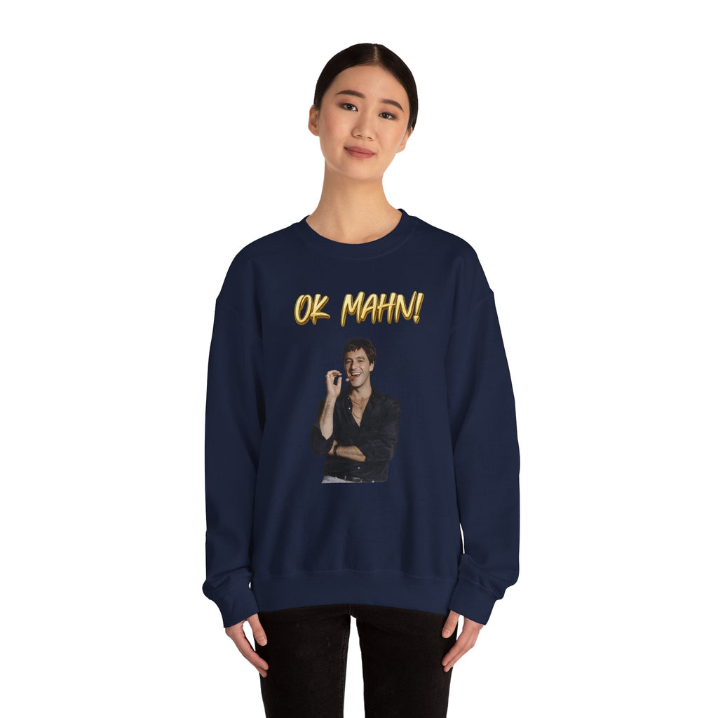 Crewneck Sweatshirt — 'Ok Mahn!' Gold Script Minimalist Streetwear Printify