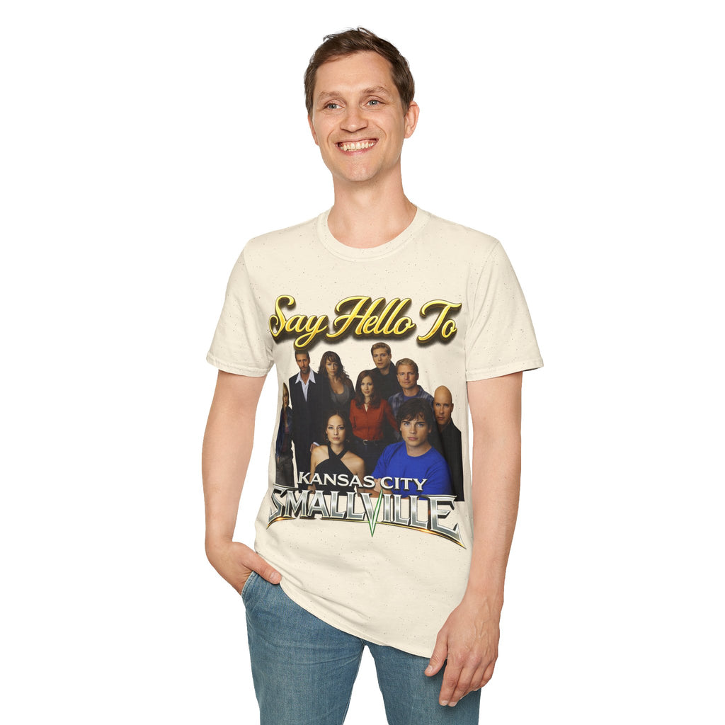 Smallville Cast T-Shirt – "Say Hello To" Kansas City Retro TV Logo Printify