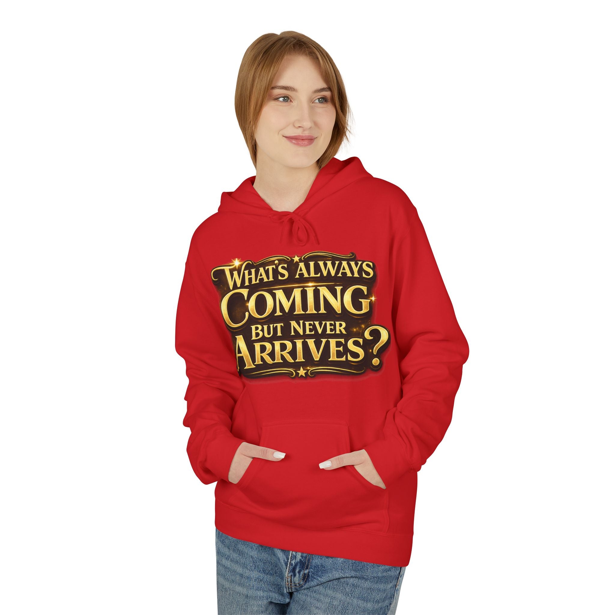 Tomorrow Hoodie — "What's Always Coming But Never Arrives?" Vintage Quote Hoodie Printify