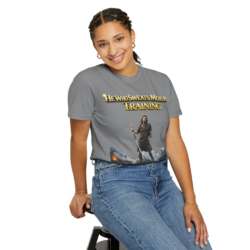 Training Warrior T-Shirt — "He Who Sweats More in Training Bleeds Less in Battle" Printify