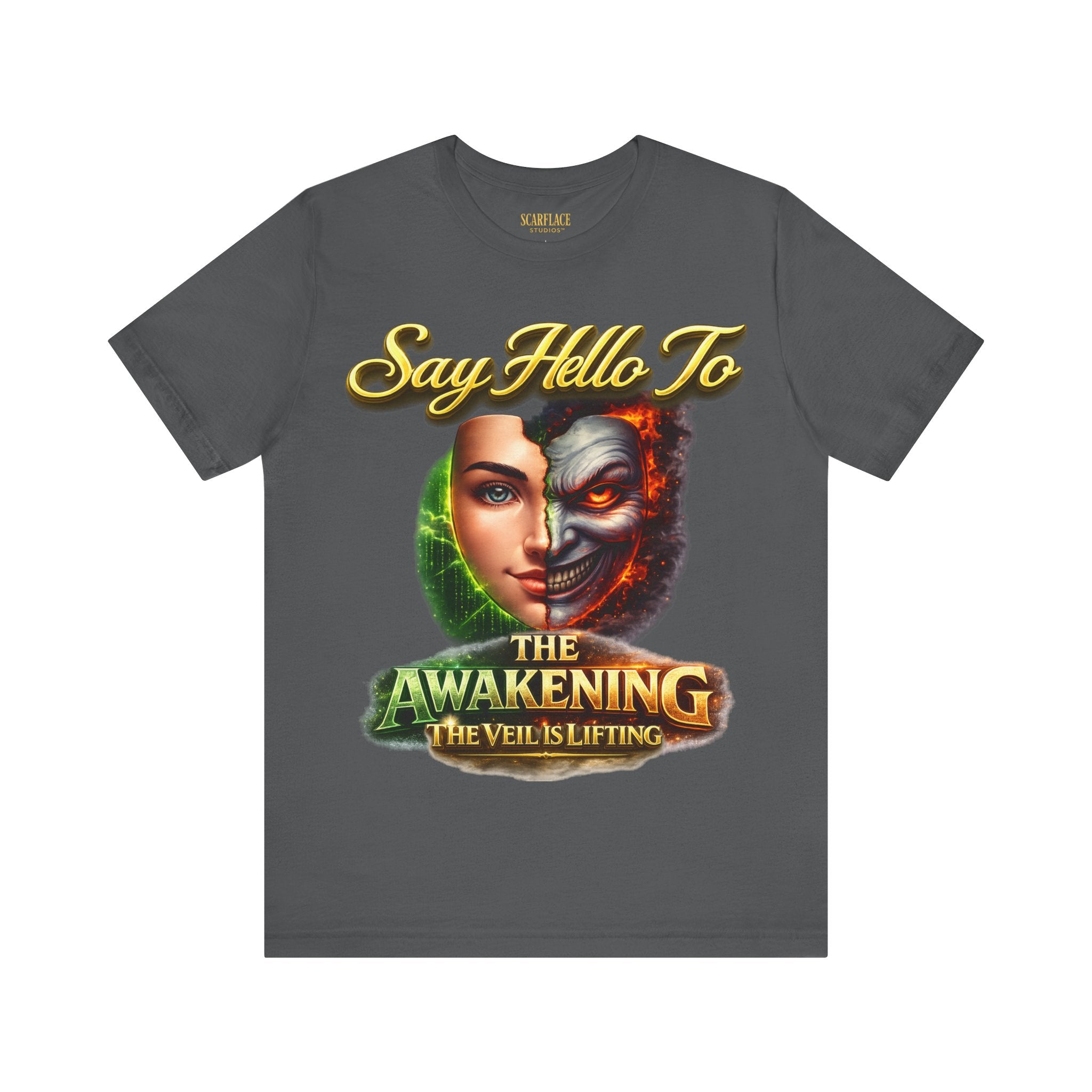 Horror Mask Split Face Tee — "Say Hello To Your Family and Friends" Graphic T-Shirt Printify