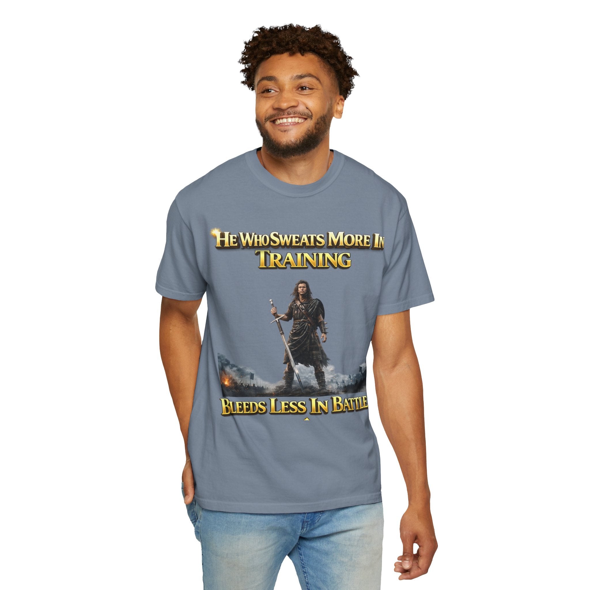 Training Warrior T-Shirt — "He Who Sweats More in Training Bleeds Less in Battle" Printify